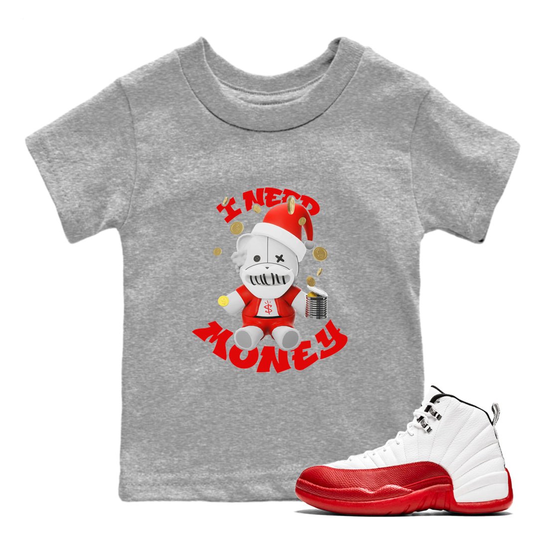 Air Jordan 12 Cherry shirt to match jordans I Need Money Christmas Edition sneaker tees Santa Gift AJ12 Cherry SNRT Sneaker Release Tees Baby Toddler Heather Grey 1 T-Shirt