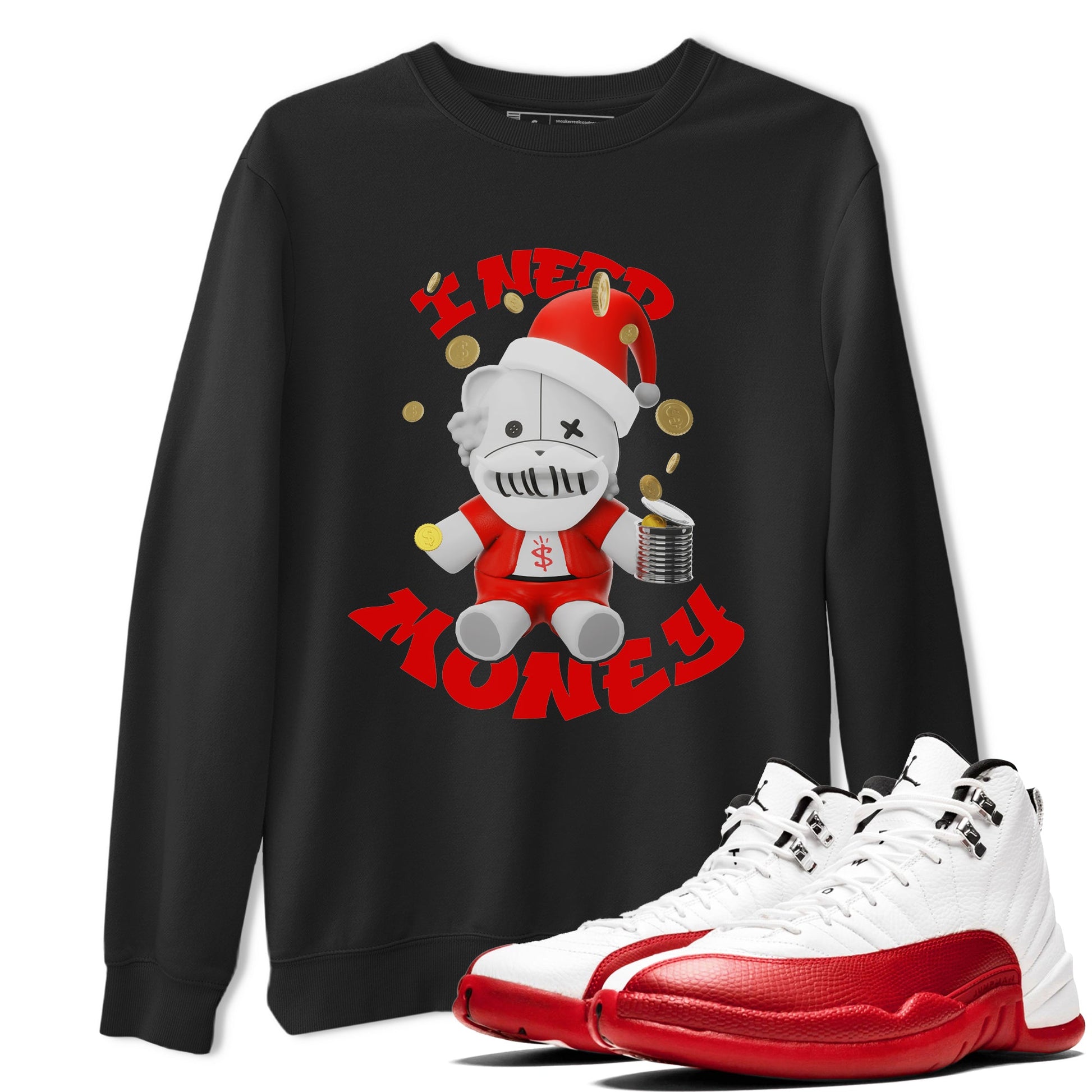 Air Jordan 12 Cherry shirt to match jordans I Need Money Christmas Edition sneaker tees Santa Gift AJ12 Cherry SNRT Sneaker Release Tees Unisex Black 1 T-Shirt