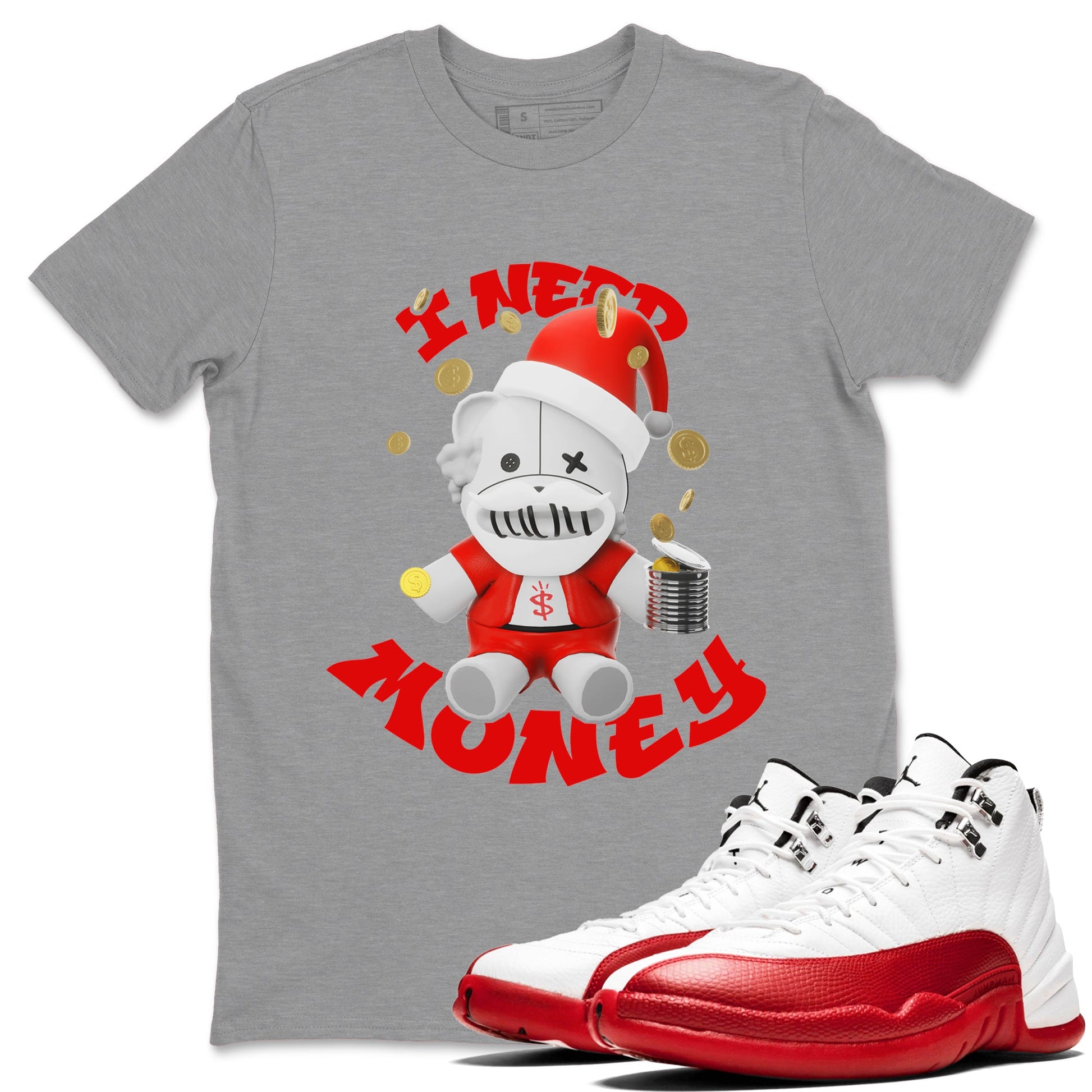 Air Jordan 12 Cherry shirt to match jordans I Need Money Christmas Edition sneaker tees Santa Gift AJ12 Cherry SNRT Sneaker Release Tees Unisex Heather Grey 1 T-Shirt