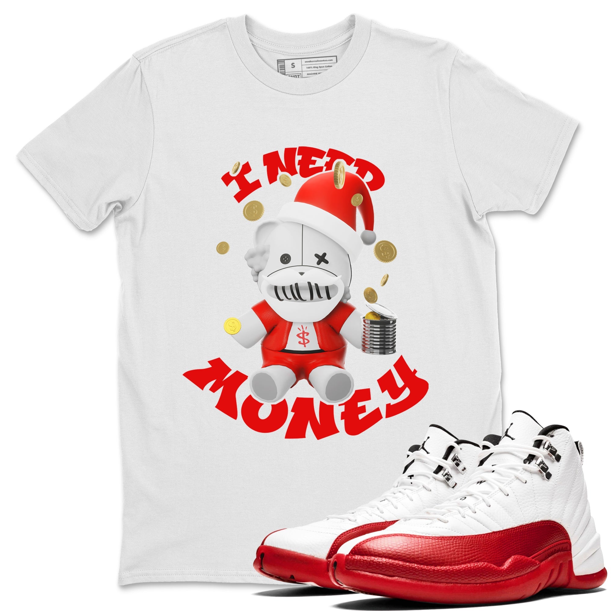 Air Jordan 12 Cherry shirt to match jordans I Need Money Christmas Edition sneaker tees Santa Gift AJ12 Cherry SNRT Sneaker Release Tees Unisex White 1 T-Shirt