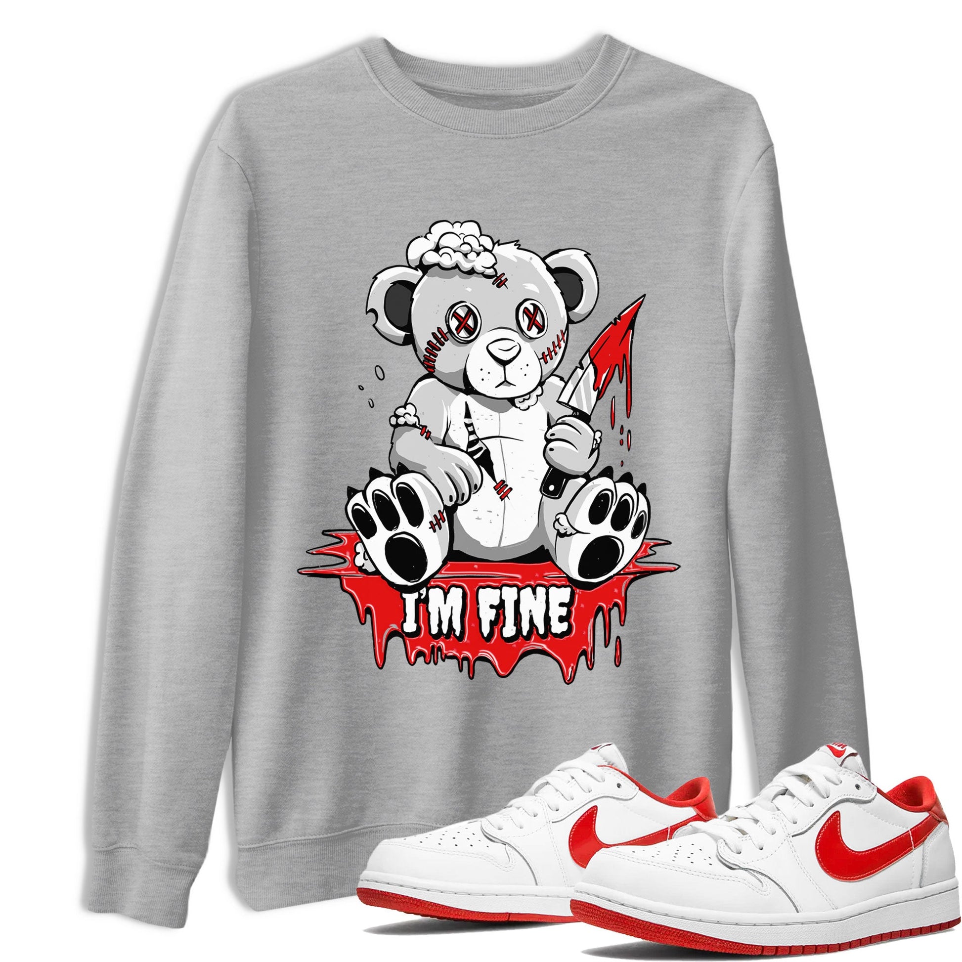 Air Jordan 1 University Red shirt to match jordans I'm Fine sneaker tees Jordan 1 Low University Red SNRT Sneaker Release Tees Crew Neck Casual Unisex Heather Grey 1 T-Shirt