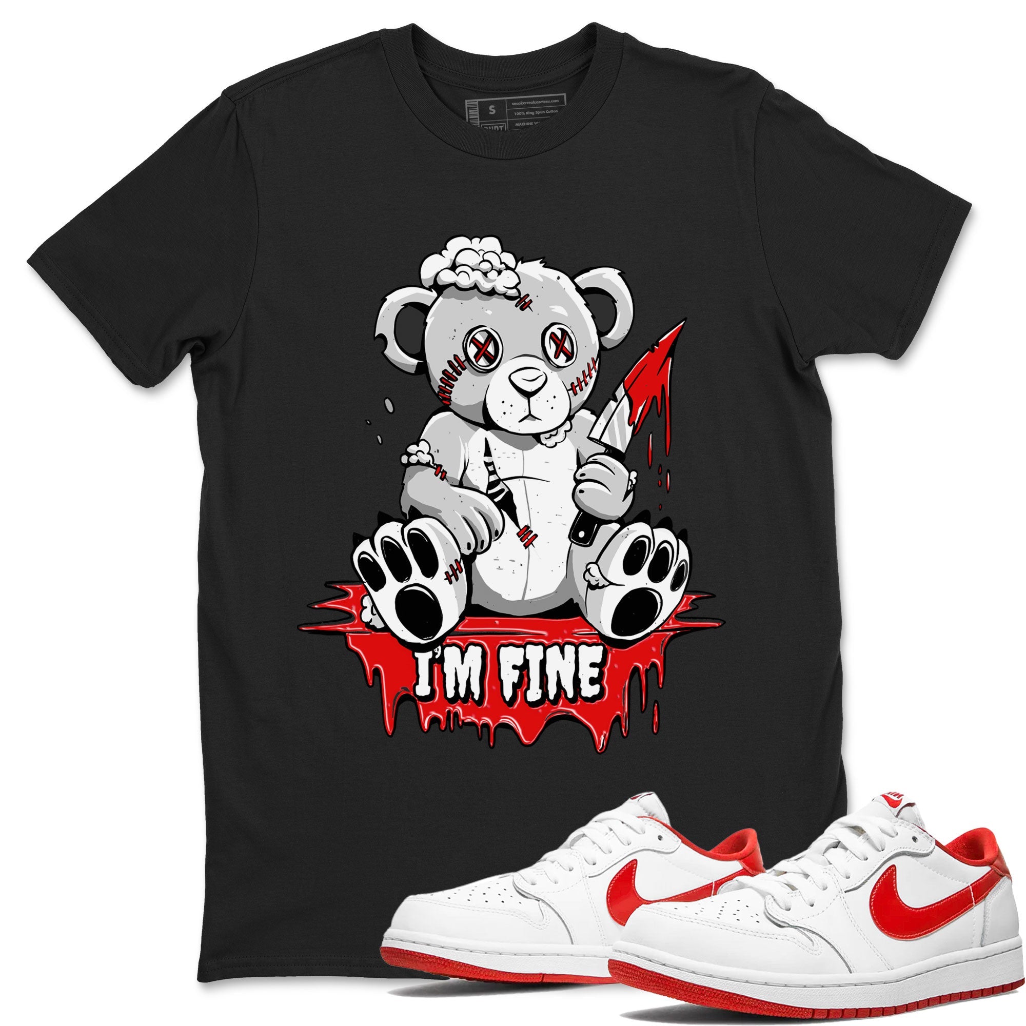 Air Jordan 1 University Red shirt to match jordans I'm Fine sneaker tees Jordan 1 Low University Red SNRT Sneaker Release Tees Crew Neck Casual Unisex Black 1 T-Shirt