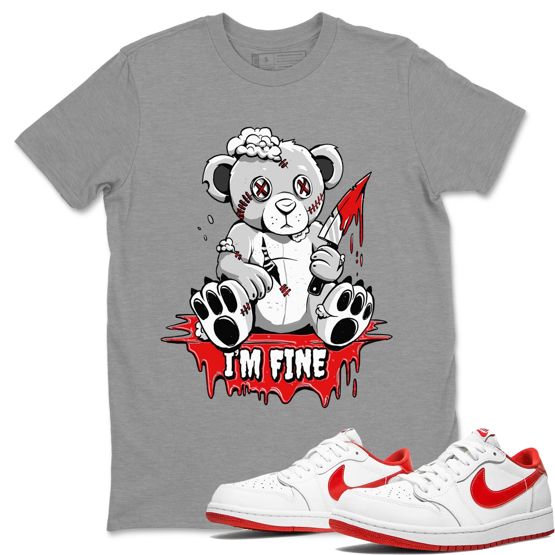 Air Jordan 1 University Red shirt to match jordans I'm Fine sneaker tees Jordan 1 Low University Red SNRT Sneaker Release Tees Crew Neck Casual Unisex Heather Grey 1 T-Shirt