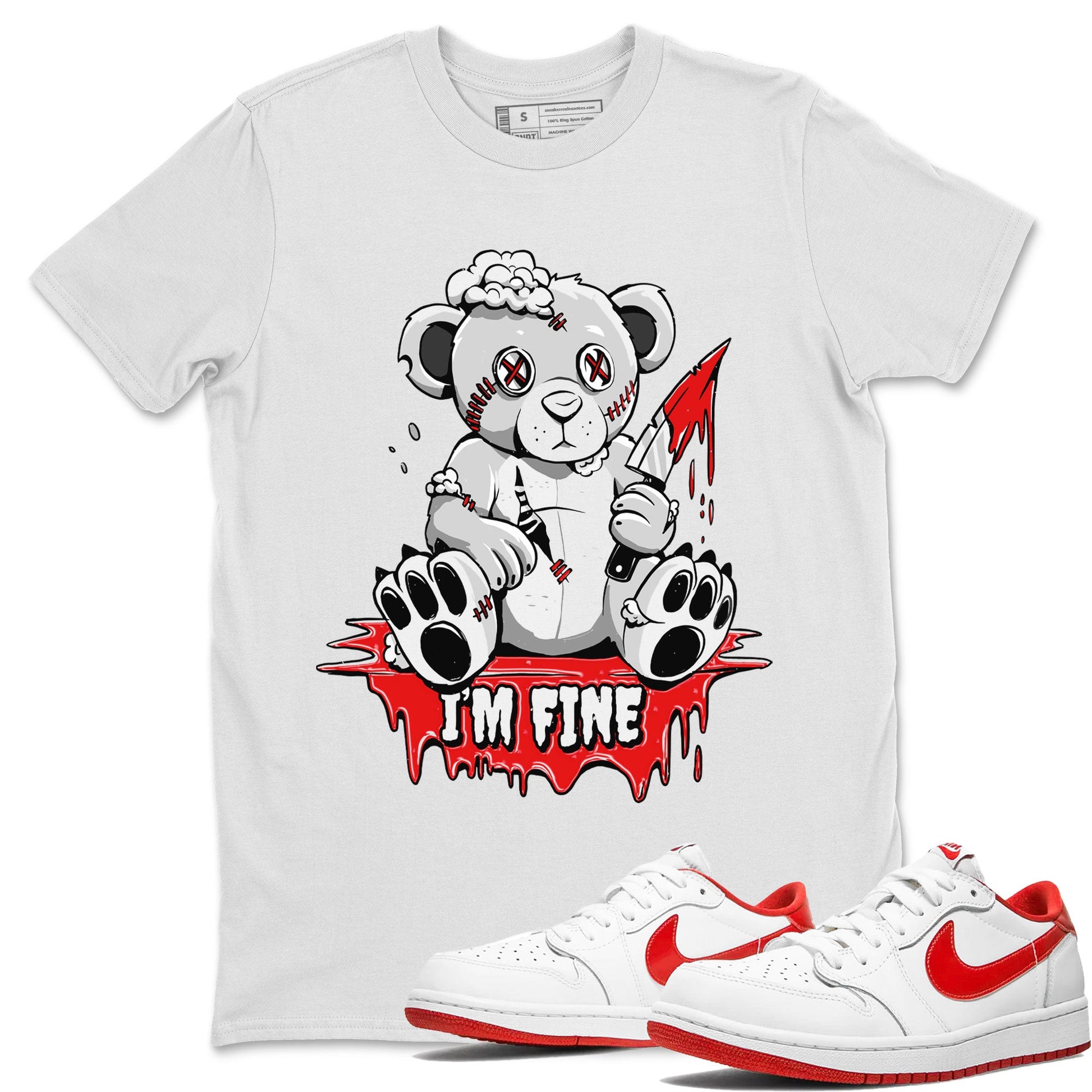 Air Jordan 1 University Red shirt to match jordans I'm Fine sneaker tees Jordan 1 Low University Red SNRT Sneaker Release Tees Crew Neck Casual Unisex White 1 T-Shirt