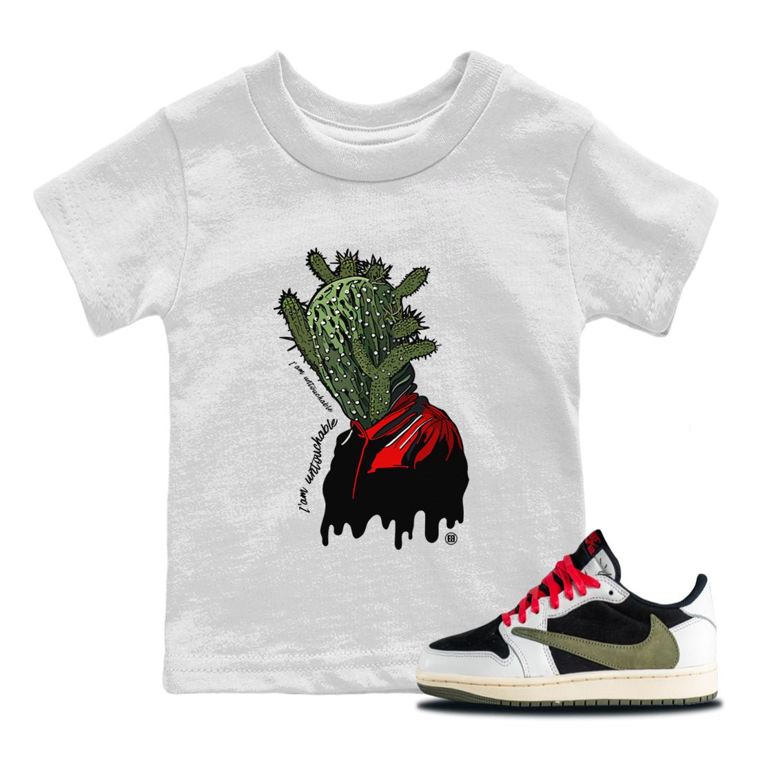 Air Jordan 1 Travis Scott Olive Sneaker Match Tees I'm Untouchable Sneaker Tees Air Jordan 1 x Travis Scott x Olive Sneaker Release Tees Kids Shirts White 1