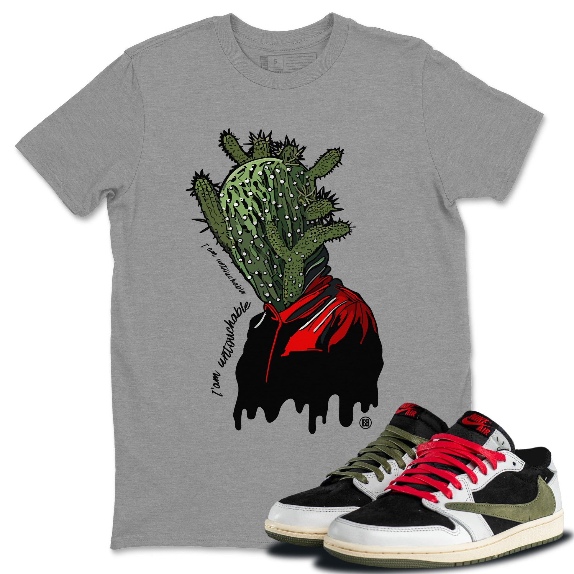 Air Jordan 1 Travis Scott Olive Sneaker Match Tees I'm Untouchable Sneaker Tees Air Jordan 1 x Travis Scott x Olive Sneaker Release Tees Unisex Shirts Heather Grey 1