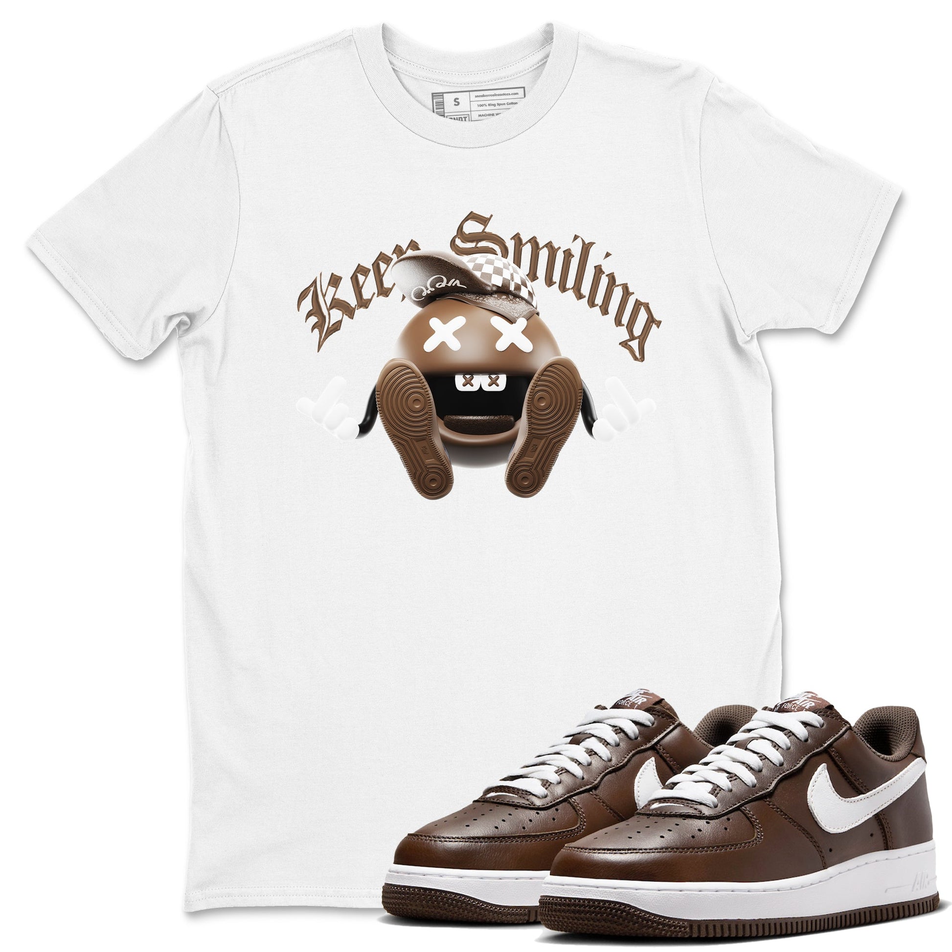 Air Force Low Chocolate shirt to match jordans Keep Smiling sneaker tees chocolate Nike Air Force Low Chocolate SNRT Sneaker Release Tees Unisex White 1 T-Shirt