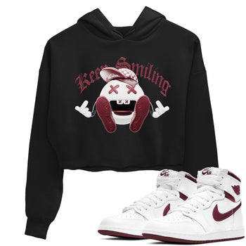 1s Metallic Burgundy shirt to match jordans Keep Smiling sneaker tees AJ1 Metallic Burgundy SNRT Sneaker Release Tees Black 1 Crop T-Shirt