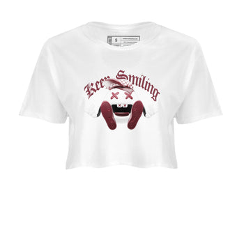 1s Metallic Burgundy shirt to match jordans Keep Smiling sneaker tees AJ1 Metallic Burgundy SNRT Sneaker Release Tees White 2 Crop T-Shirt