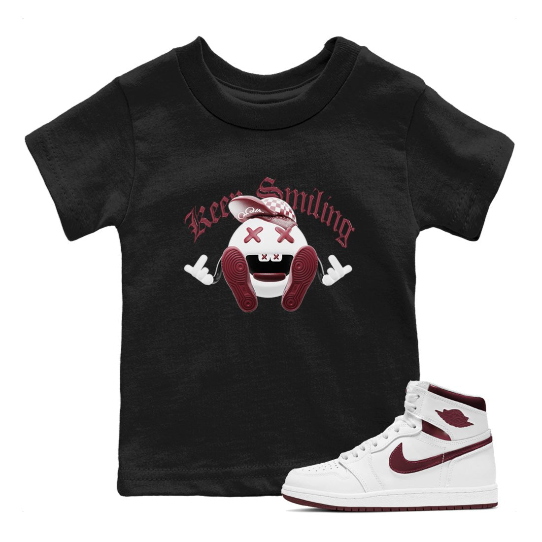 1s Metallic Burgundy shirt to match jordans Keep Smiling sneaker tees AJ1 Metallic Burgundy SNRT Sneaker Release Tees Baby Toddler Black 1 T-Shirt
