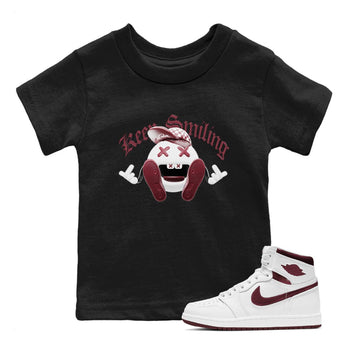 1s Metallic Burgundy shirt to match jordans Keep Smiling sneaker tees AJ1 Metallic Burgundy SNRT Sneaker Release Tees Baby Toddler Black 1 T-Shirt