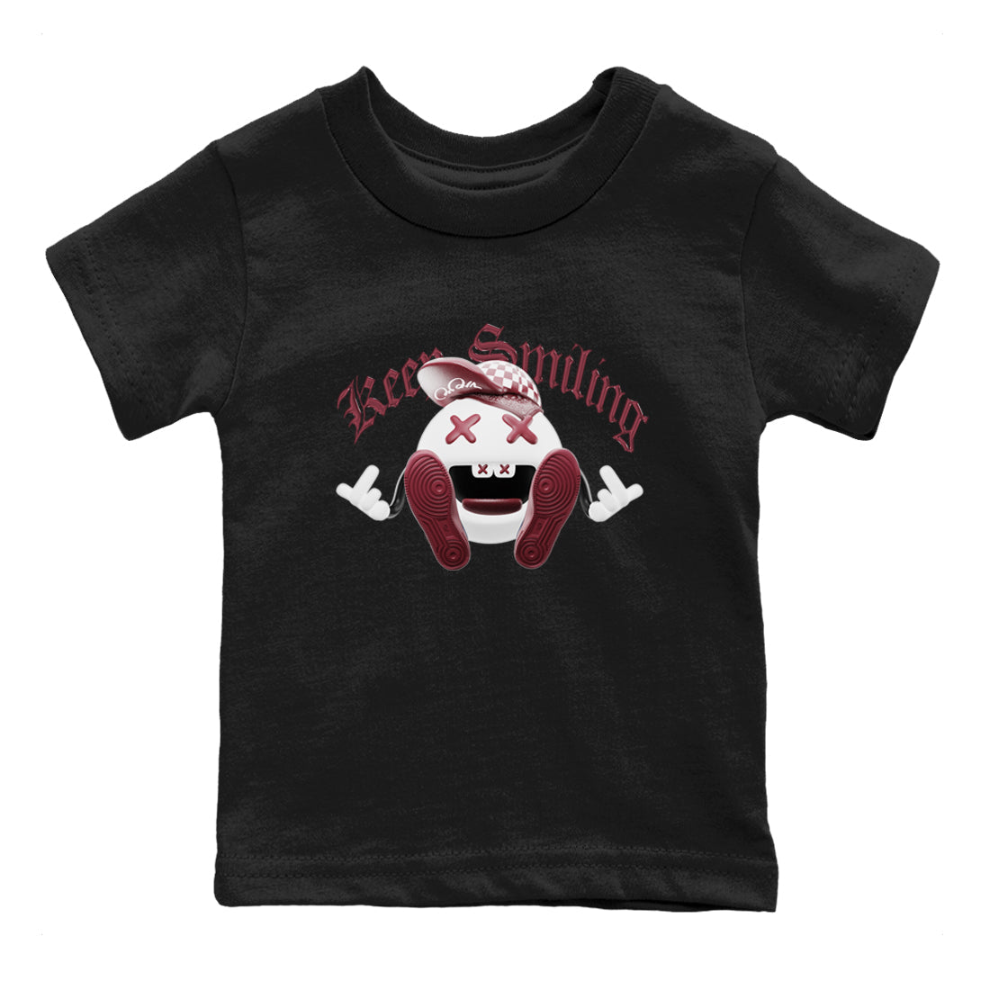 1s Metallic Burgundy shirt to match jordans Keep Smiling sneaker tees AJ1 Metallic Burgundy SNRT Sneaker Release Tees Baby Toddler Black 2 T-Shirt