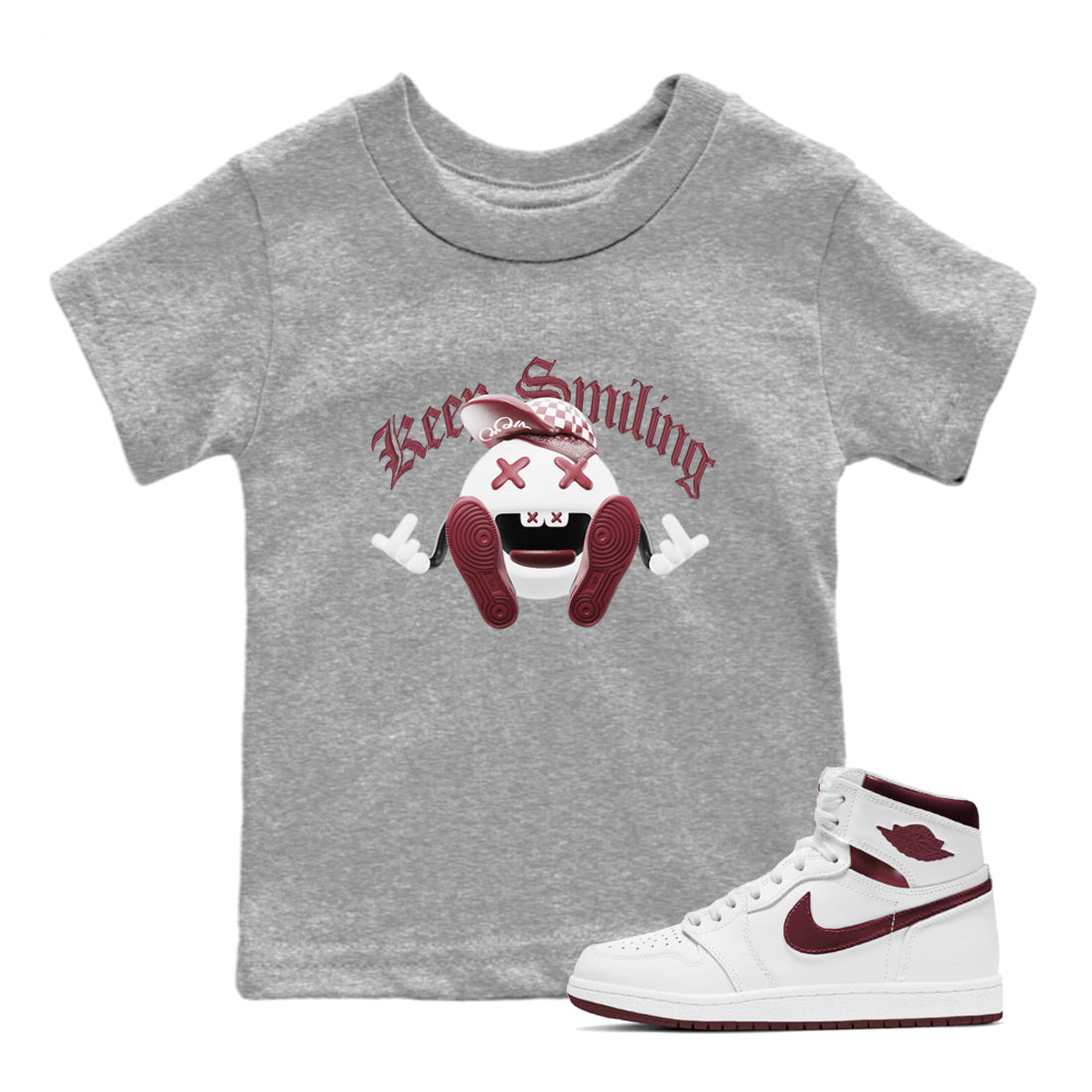 1s Metallic Burgundy shirt to match jordans Keep Smiling sneaker tees AJ1 Metallic Burgundy SNRT Sneaker Release Tees Baby Toddler Heather Grey 1 T-Shirt