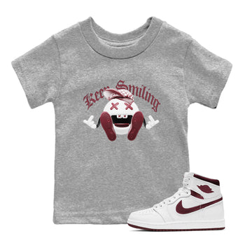 1s Metallic Burgundy shirt to match jordans Keep Smiling sneaker tees AJ1 Metallic Burgundy SNRT Sneaker Release Tees Baby Toddler Heather Grey 1 T-Shirt