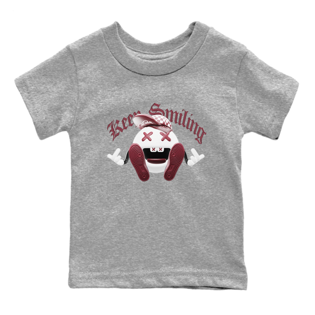 1s Metallic Burgundy shirt to match jordans Keep Smiling sneaker tees AJ1 Metallic Burgundy SNRT Sneaker Release Tees Baby Toddler Heather Grey 2 T-Shirt