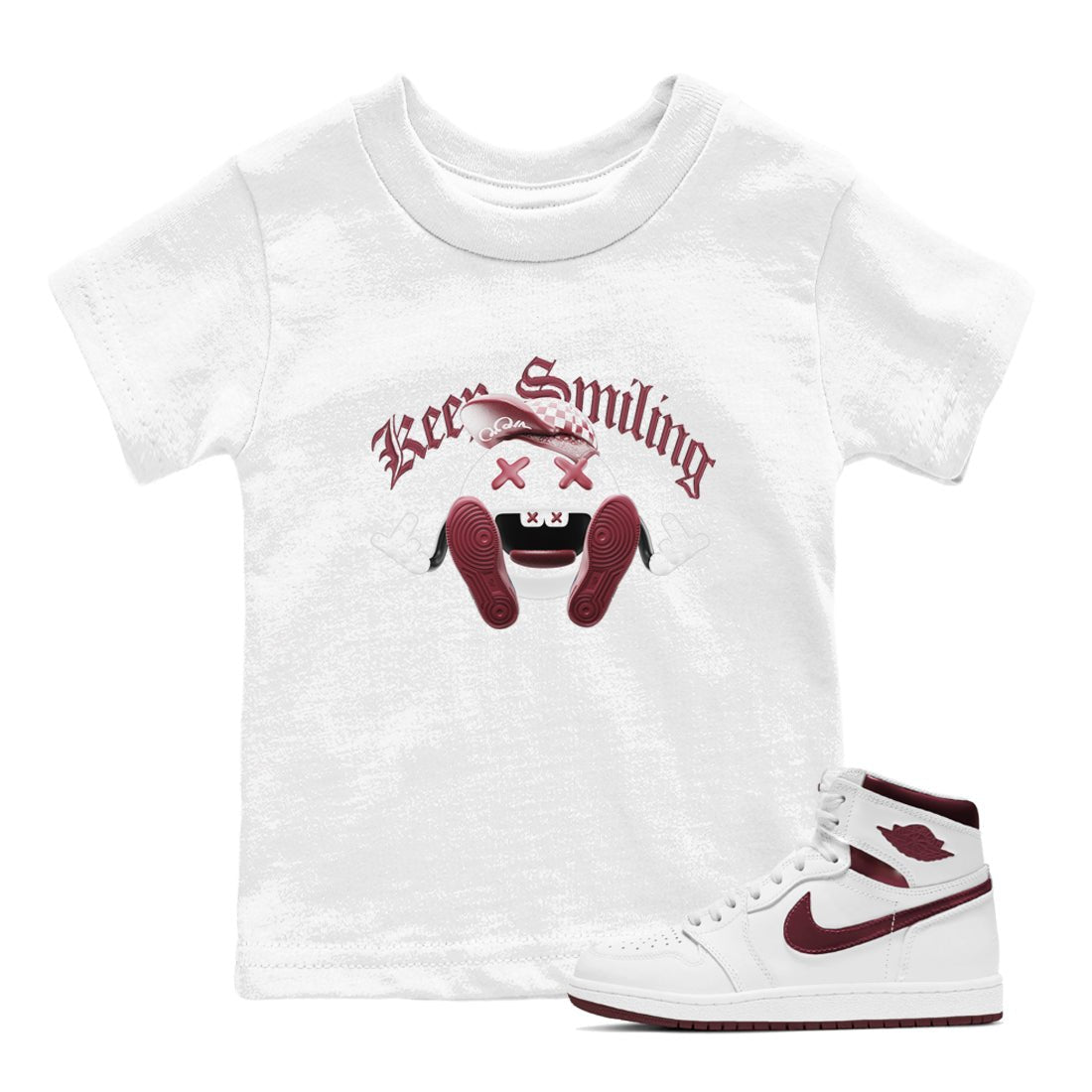 1s Metallic Burgundy shirt to match jordans Keep Smiling sneaker tees AJ1 Metallic Burgundy SNRT Sneaker Release Tees Baby Toddler White 1 T-Shirt
