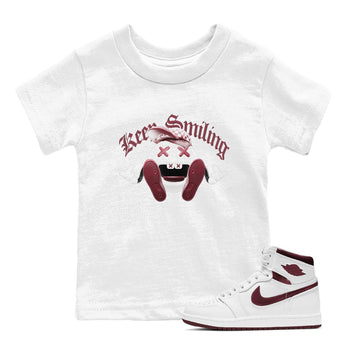 1s Metallic Burgundy shirt to match jordans Keep Smiling sneaker tees AJ1 Metallic Burgundy SNRT Sneaker Release Tees Baby Toddler White 1 T-Shirt
