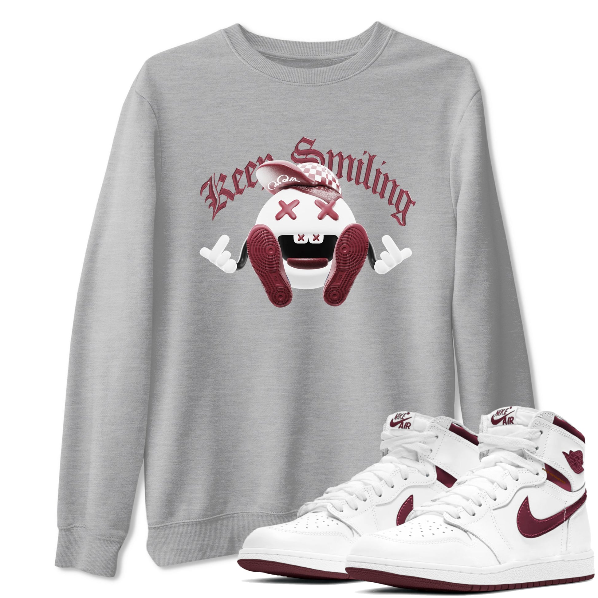 1s Metallic Burgundy shirt to match jordans Keep Smiling sneaker tees AJ1 Metallic Burgundy SNRT Sneaker Release Tees Unisex Heather Grey 1 T-Shirt