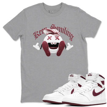 1s Metallic Burgundy shirt to match jordans Keep Smiling sneaker tees AJ1 Metallic Burgundy SNRT Sneaker Release Tees Unisex Heather Grey 1 T-Shirt