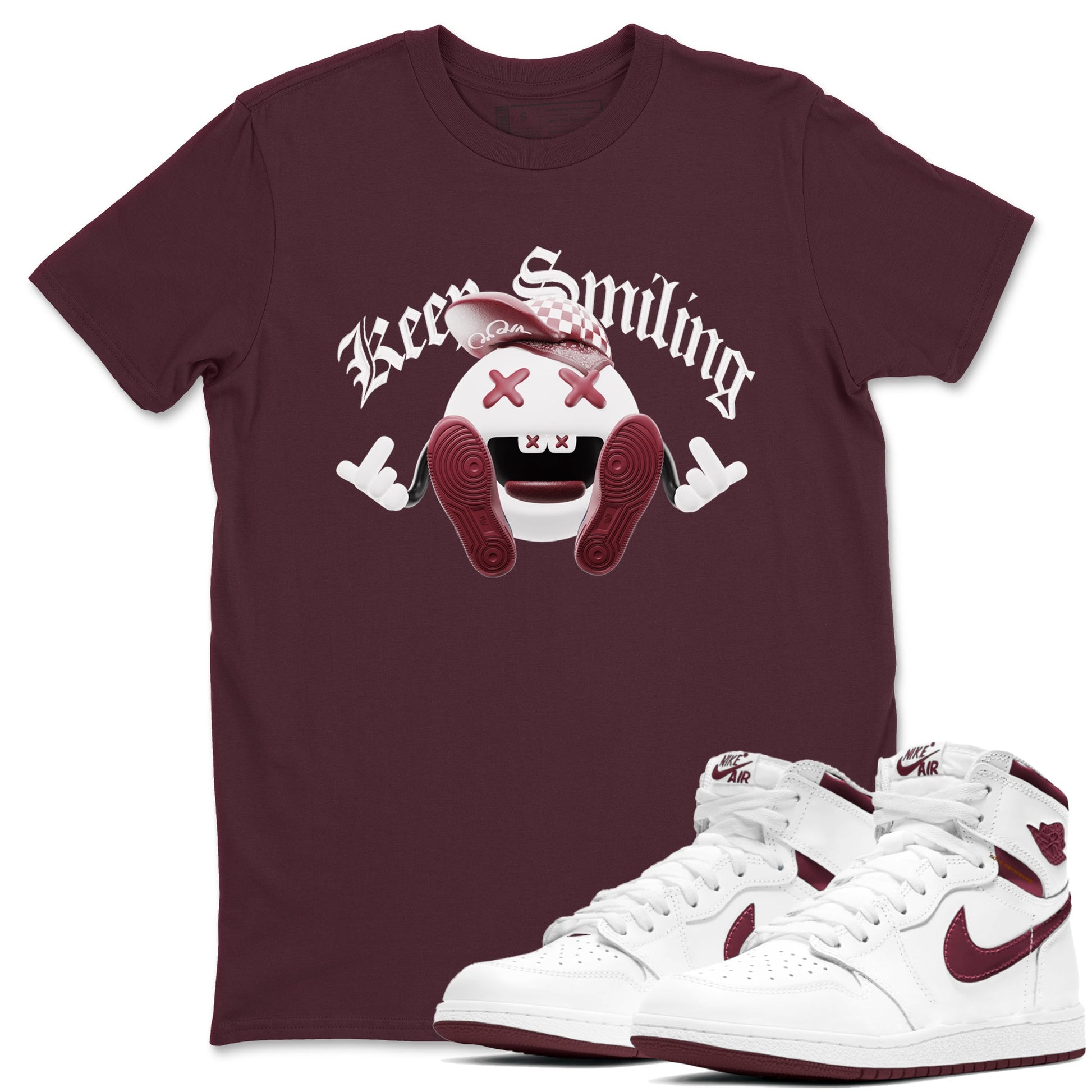 1s Metallic Burgundy shirt to match jordans Keep Smiling sneaker tees AJ1 Metallic Burgundy SNRT Sneaker Release Tees Unisex Maroon 1 T-Shirt