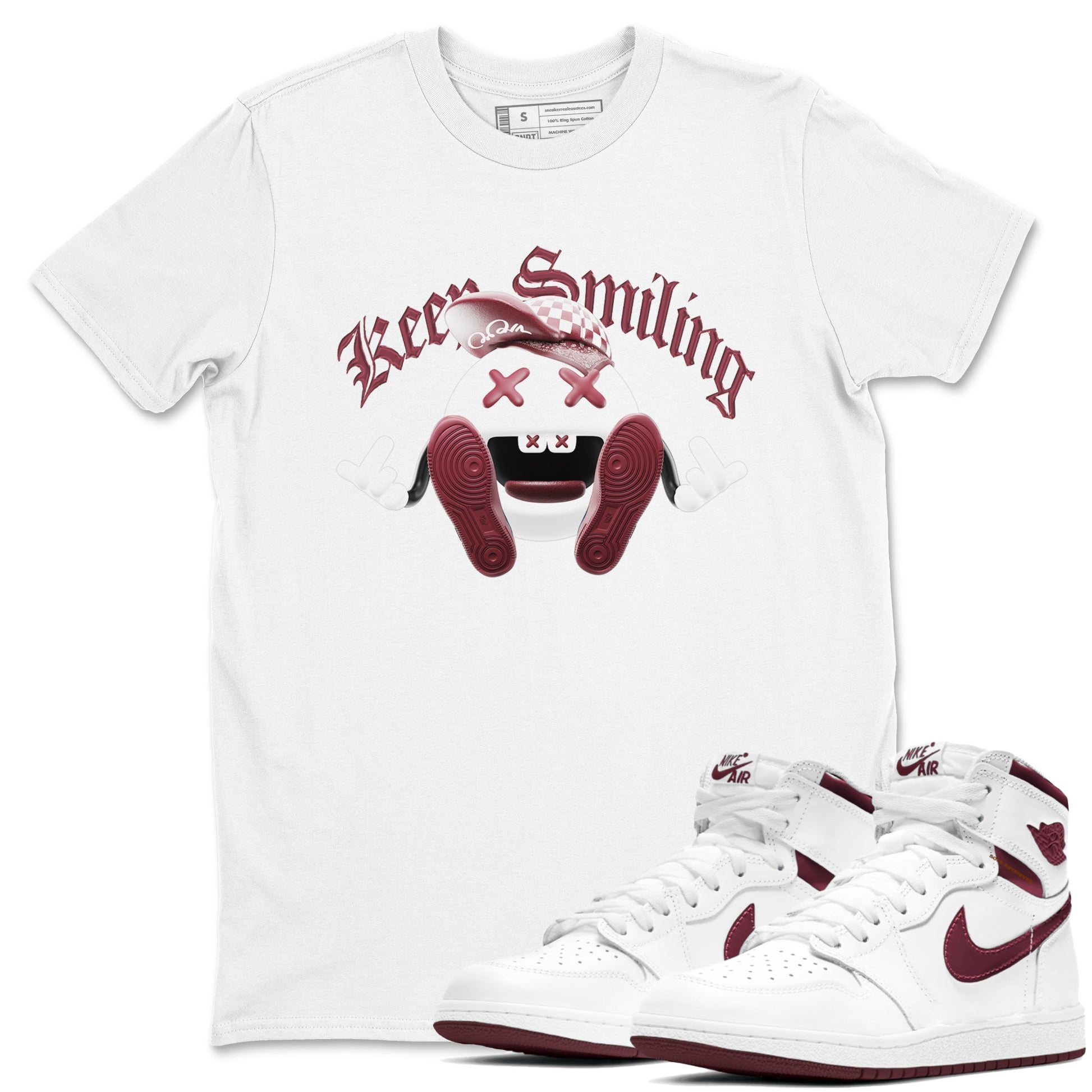 1s Metallic Burgundy shirt to match jordans Keep Smiling sneaker tees AJ1 Metallic Burgundy SNRT Sneaker Release Tees Unisex White 1 T-Shirt