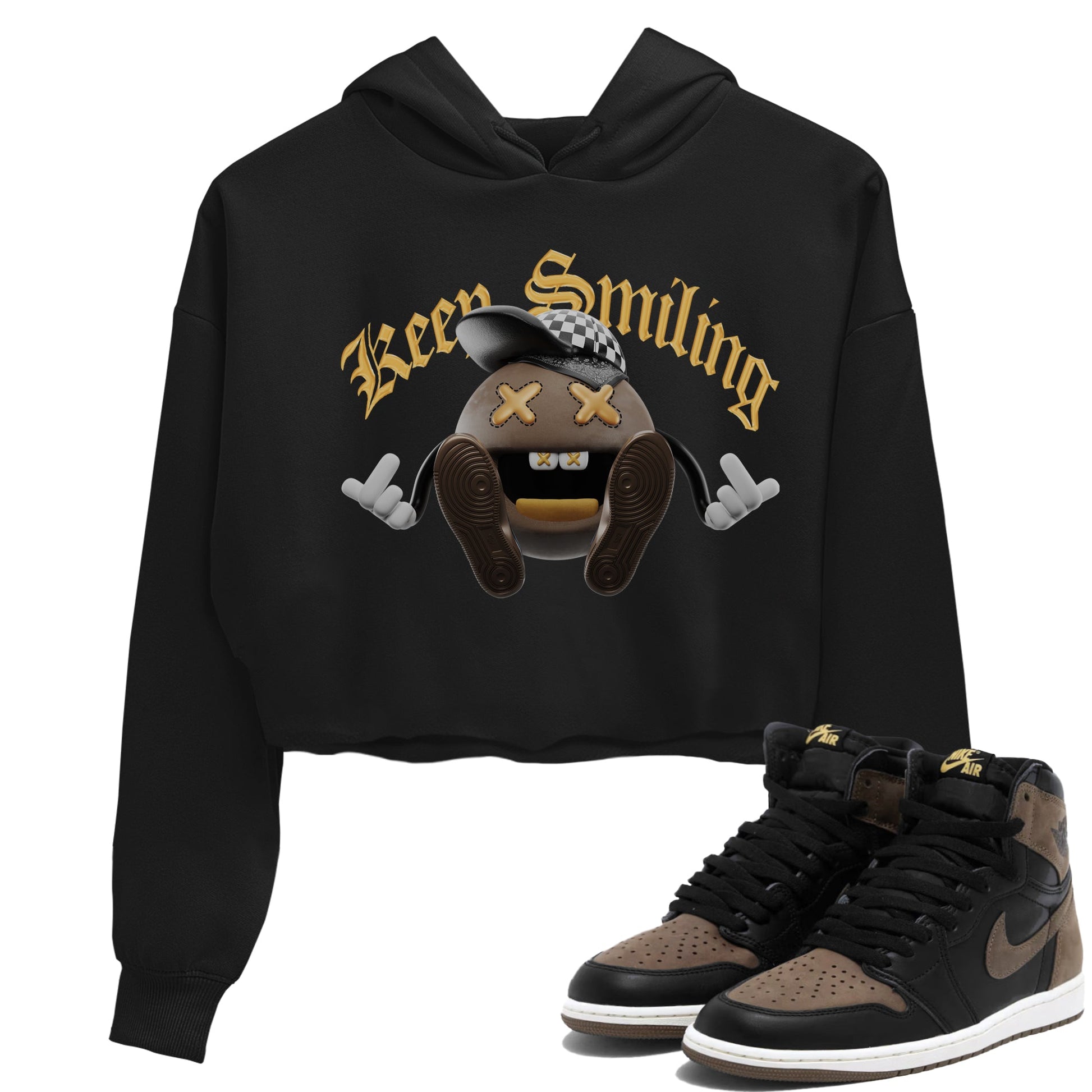 Air Jordan 1 Palomino shirt to match jordans Keep Smiling sneaker tees AJ1 High Palomino SNRT Sneaker Release Tees Black 1 Crop T-Shirt