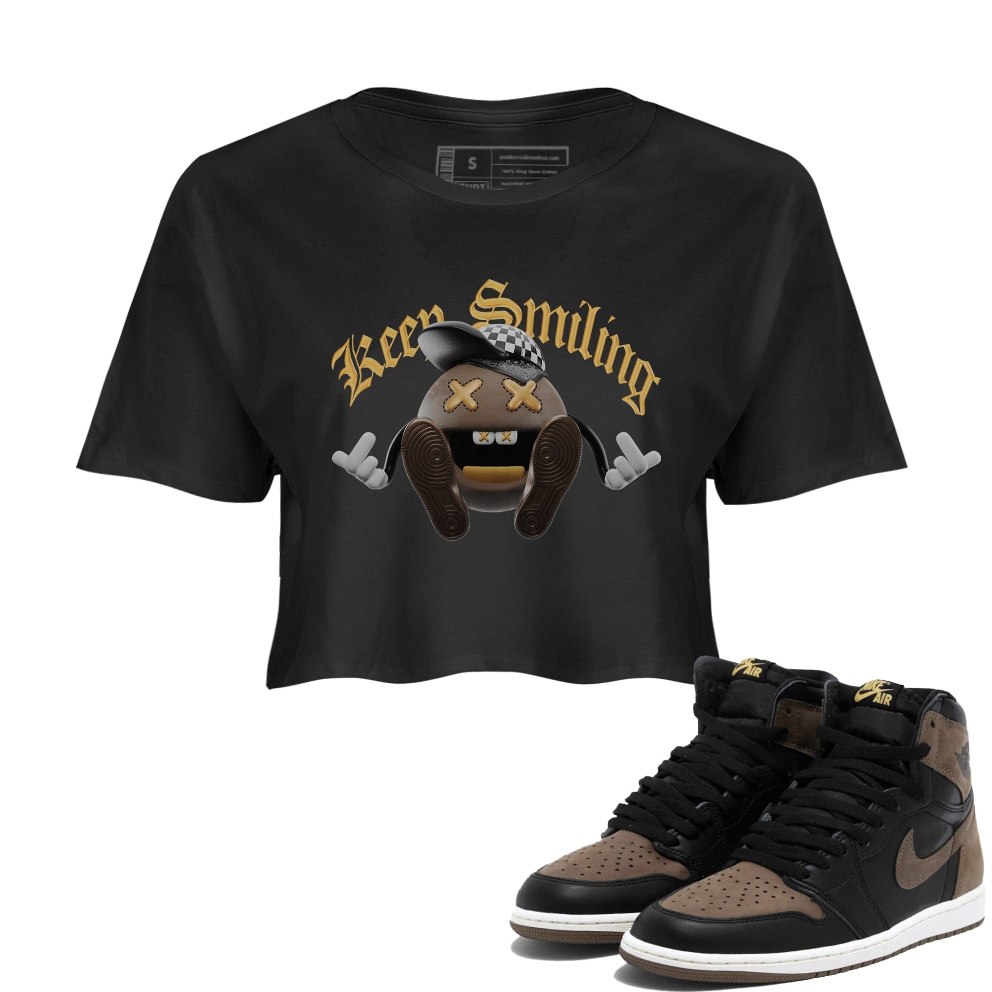 Air Jordan 1 Palomino shirt to match jordans Keep Smiling sneaker tees AJ1 High Palomino SNRT Sneaker Release Tees Black 1 Crop T-Shirt