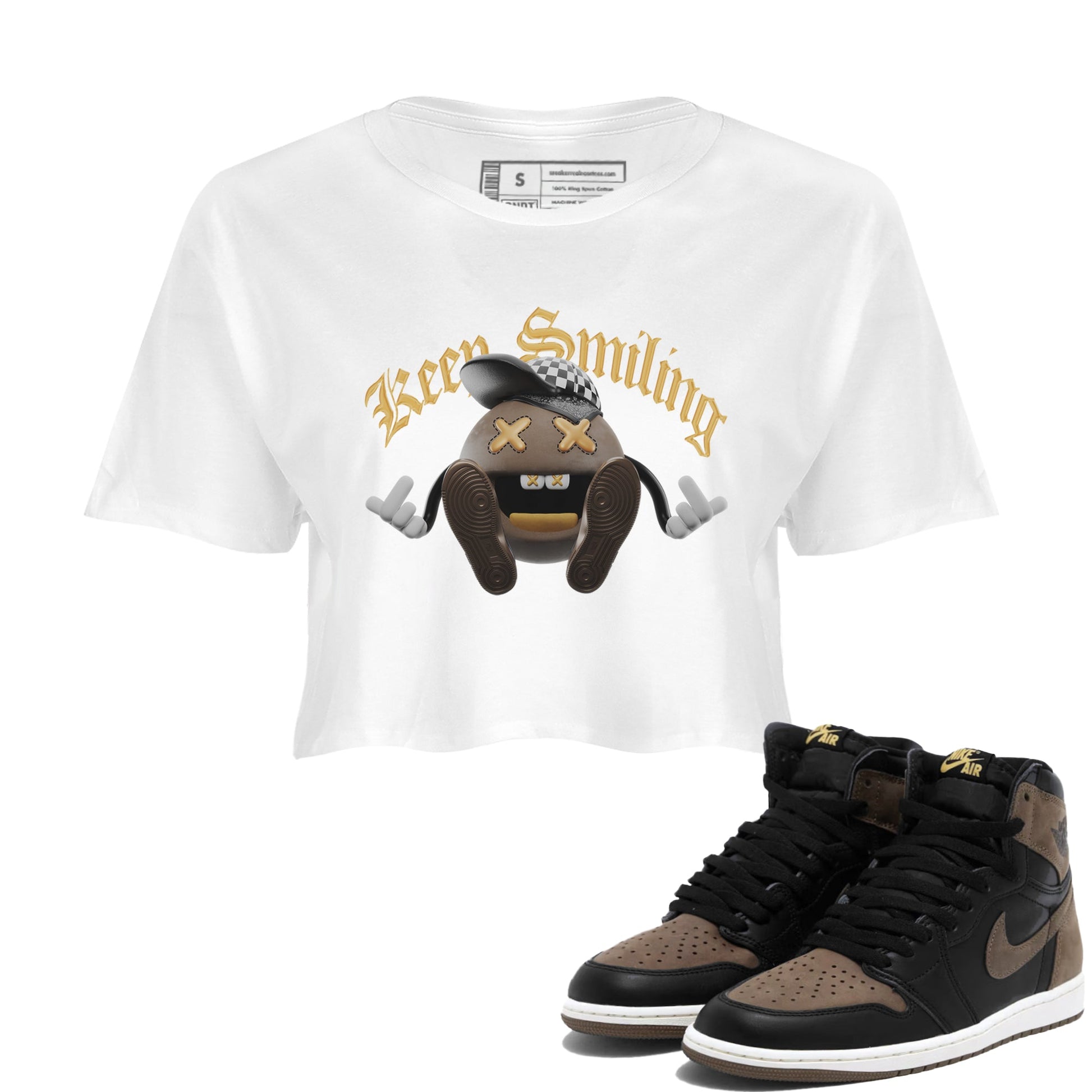 Air Jordan 1 Palomino shirt to match jordans Keep Smiling sneaker tees AJ1 High Palomino SNRT Sneaker Release Tees White 1 Crop T-Shirt