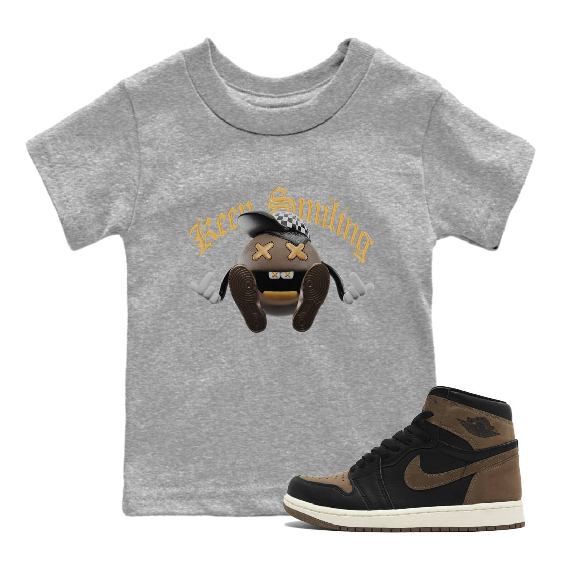 Air Jordan 1 Palomino shirt to match jordans Keep Smiling sneaker tees AJ1 High Palomino SNRT Sneaker Release Tees Baby Toddler Heather Grey 1 T-Shirt