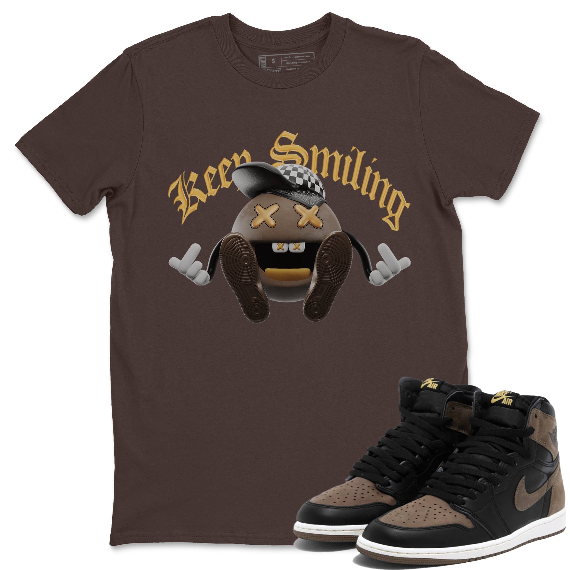 Air Jordan 1 Palomino shirt to match jordans Keep Smiling sneaker tees AJ1 High Palomino SNRT Sneaker Release Tees Unisex Dark Chocolate 1 T-Shirt
