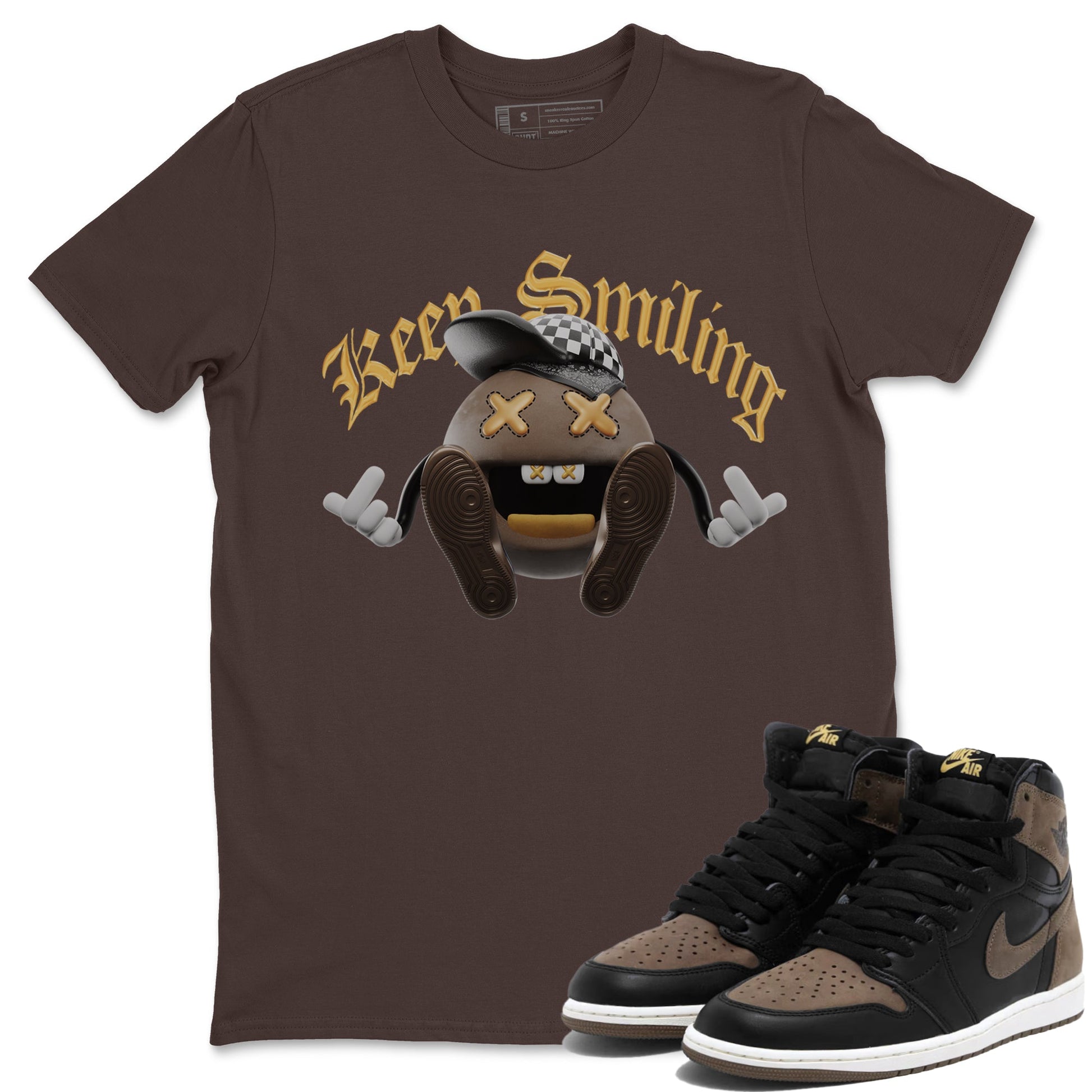 Air Jordan 1 Palomino shirt to match jordans Keep Smiling sneaker tees AJ1 High Palomino SNRT Sneaker Release Tees Unisex Dark Chocolate 1 T-Shirt