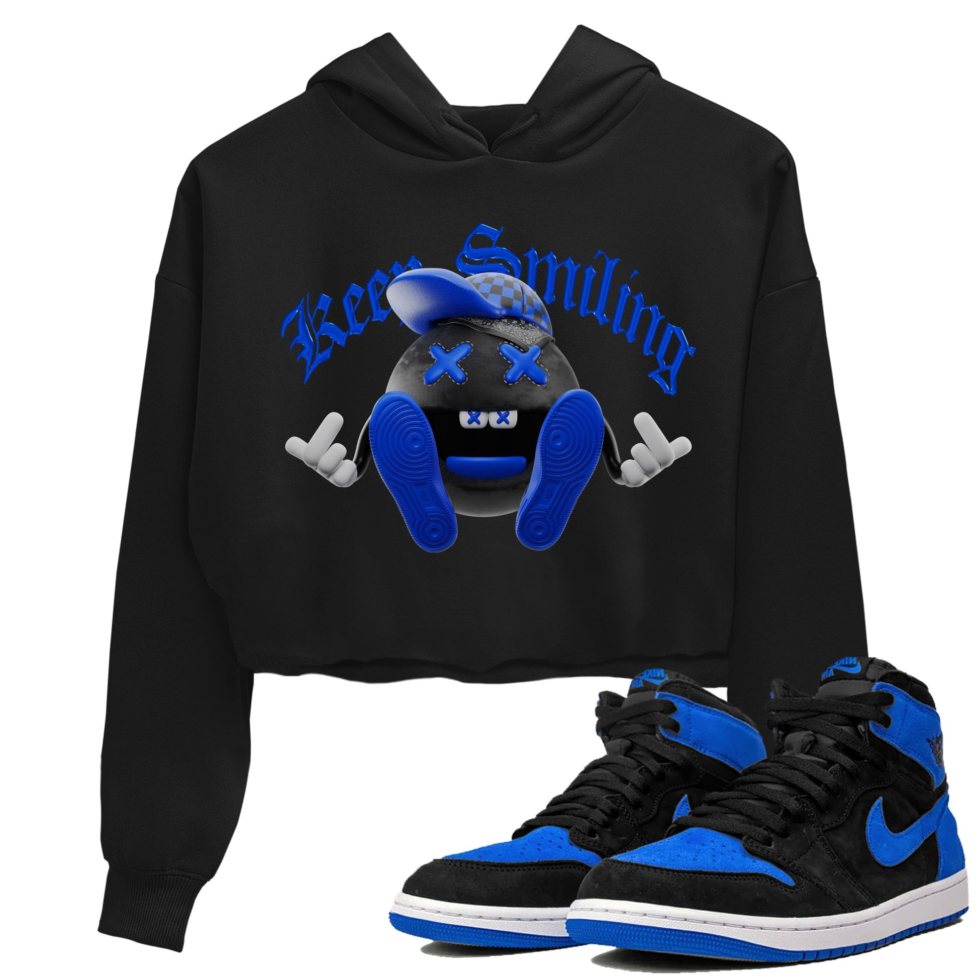 Air Jordan 1 Royal Reimagined shirt to match jordans Keep Smiling sneaker tees AJ1 OG HIGH Royal Reimagined SNRT Sneaker Release Tees Black 1 Crop T-Shirt