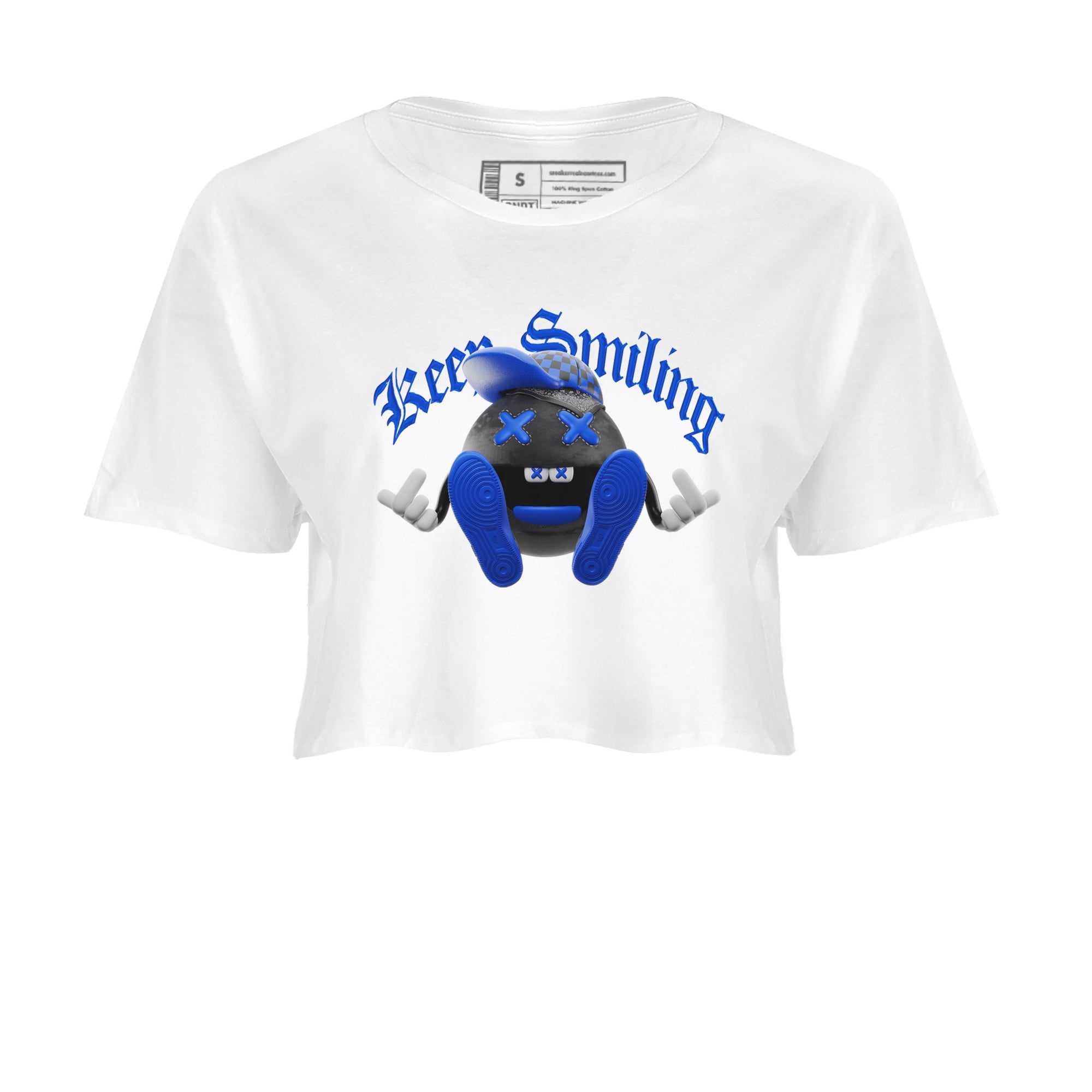 Air Jordan 1 Royal Reimagined shirt to match jordans Keep Smiling sneaker tees AJ1 OG HIGH Royal Reimagined SNRT Sneaker Release Tees White 2 Crop T-Shirt