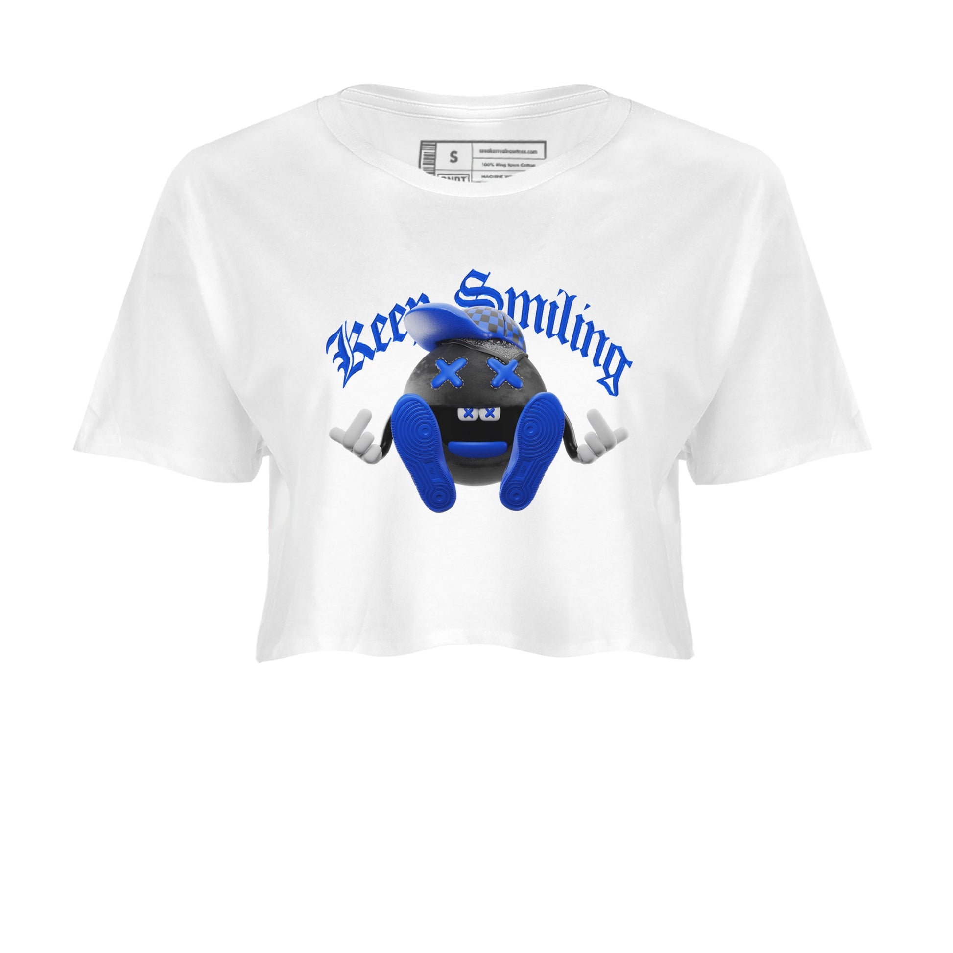 Air Jordan 1 Royal Reimagined shirt to match jordans Keep Smiling sneaker tees AJ1 OG HIGH Royal Reimagined SNRT Sneaker Release Tees White 2 Crop T-Shirt