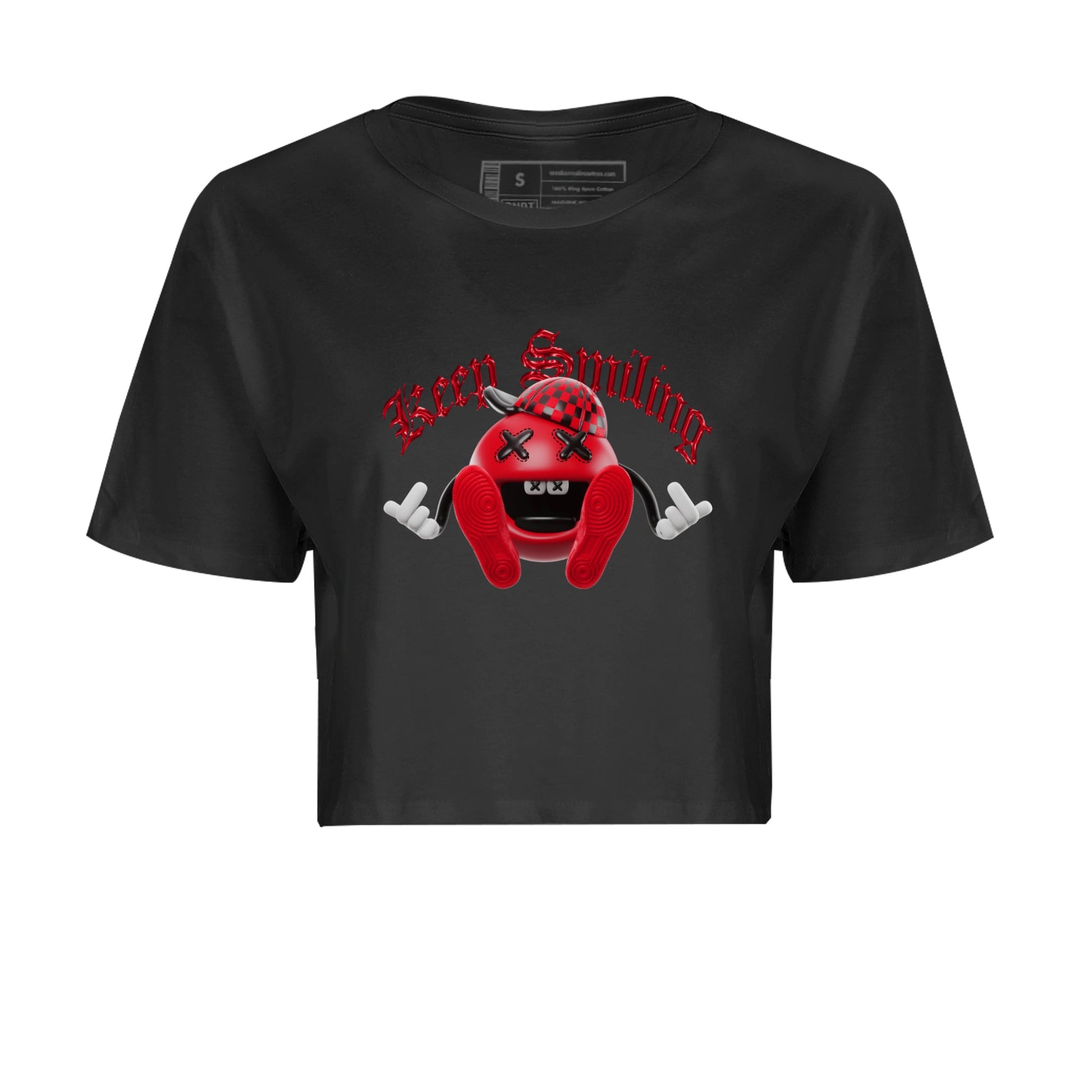 Air Jordan 1 Satin Bred Sneaker Match Tees Keep Smiling Sneaker Tees AJ1 Satin Bred Sneaker Release Tees Women's Shirts Black 2