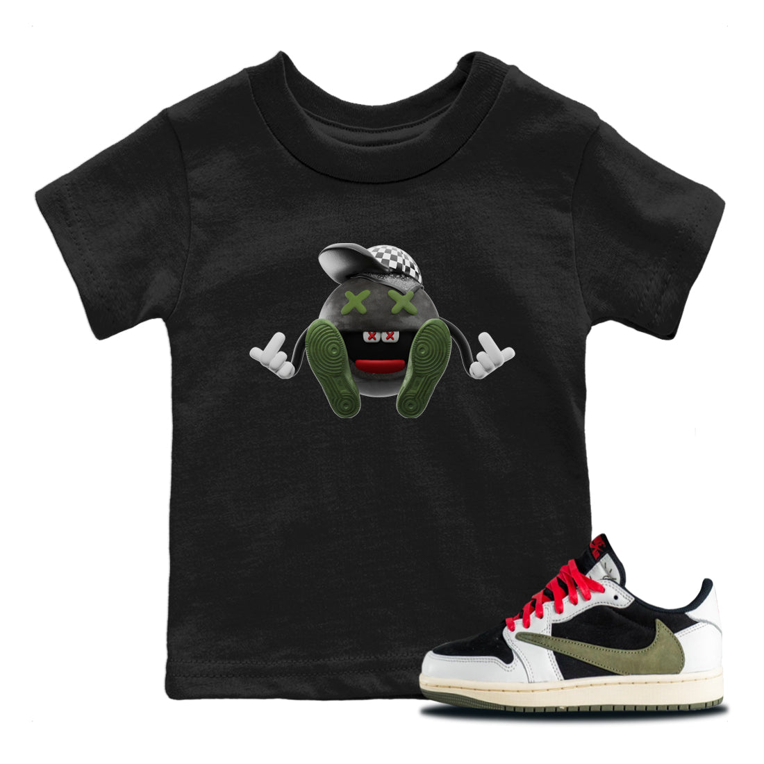Air Jordan 1 Travis Scott Olive Sneaker Match Tees Keep Smiling Sneaker Tees AJ1 OG Travis Scott Olive Sneaker Release Tees Kids Shirts Black 1