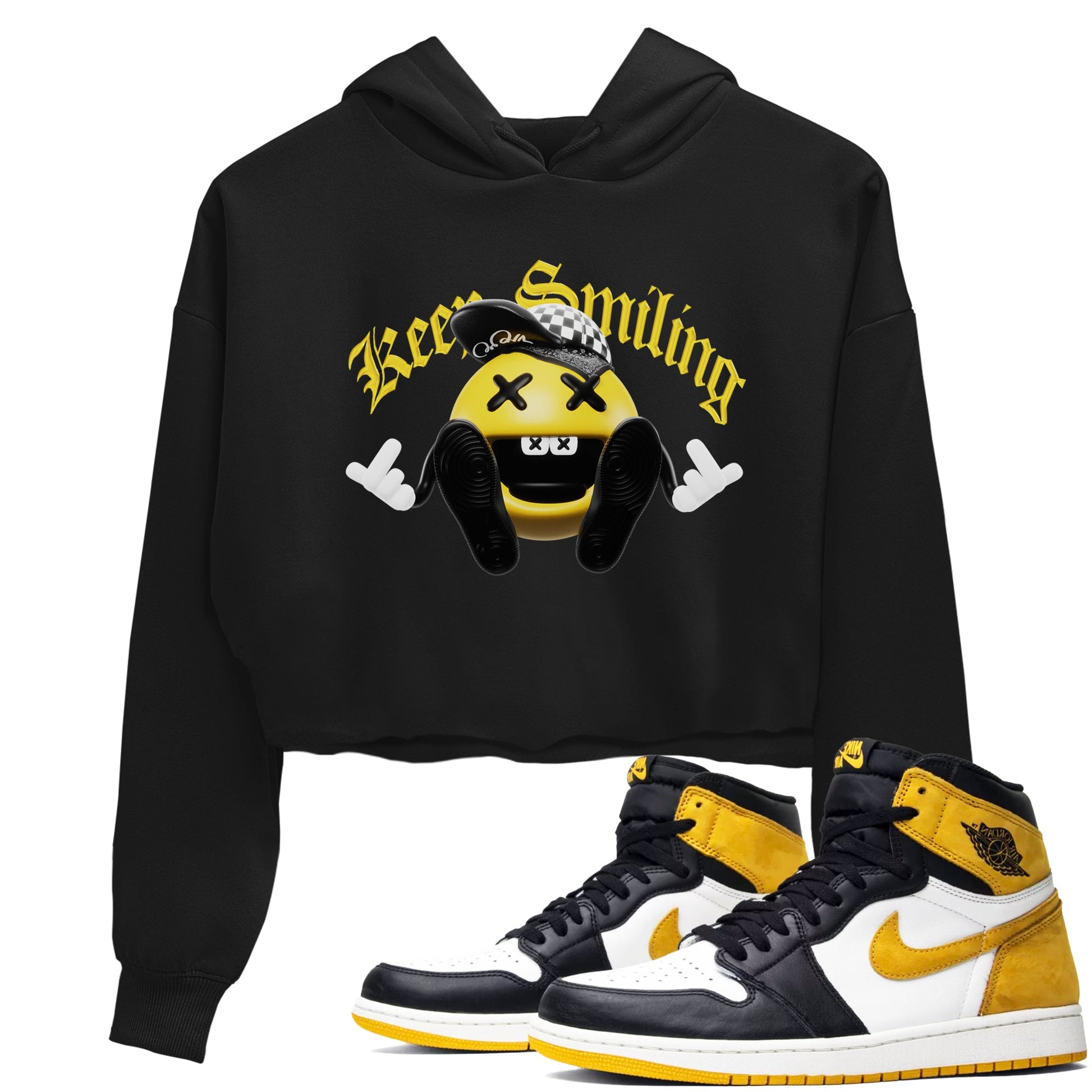 1s Yellow Ochre shirt to match jordans Keep Smiling sneaker tees Air Jordan 1 Yellow Ochre SNRT Sneaker Release Tees Black 1 crop length shirt