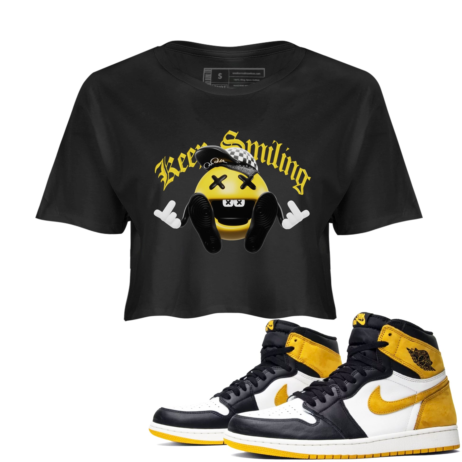 1s Yellow Ochre shirt to match jordans Keep Smiling sneaker tees Air Jordan 1 Yellow Ochre SNRT Sneaker Release Tees Black 1 crop length shirt
