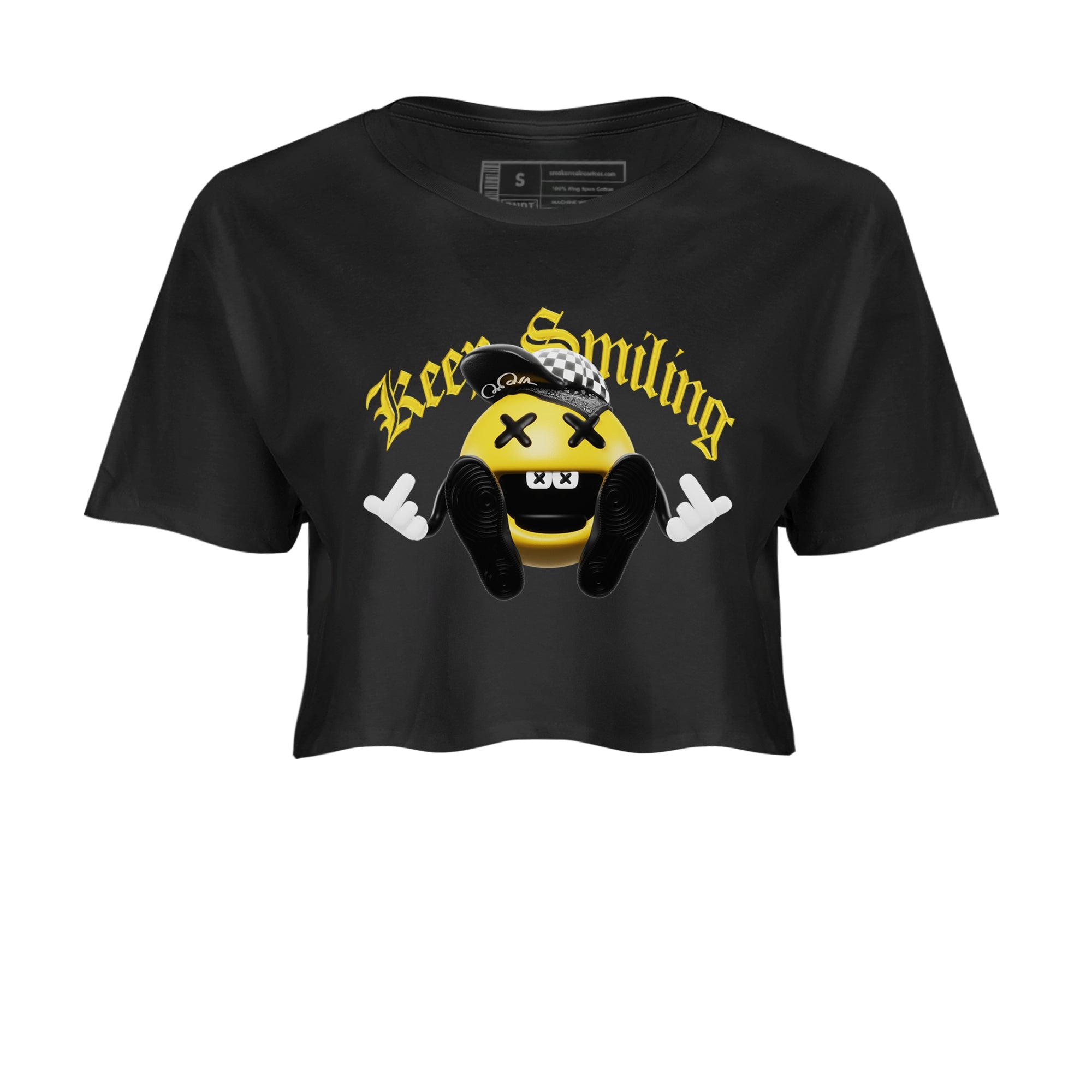 1s Yellow Ochre shirt to match jordans Keep Smiling sneaker tees Air Jordan 1 Yellow Ochre SNRT Sneaker Release Tees Black 2 crop length shirt