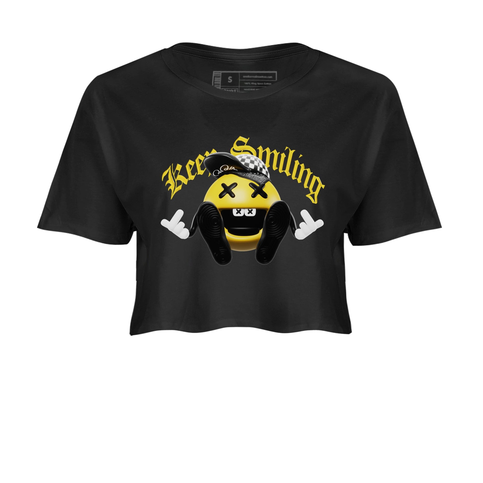 1s Yellow Ochre shirt to match jordans Keep Smiling sneaker tees Air Jordan 1 Yellow Ochre SNRT Sneaker Release Tees Black 2 crop length shirt