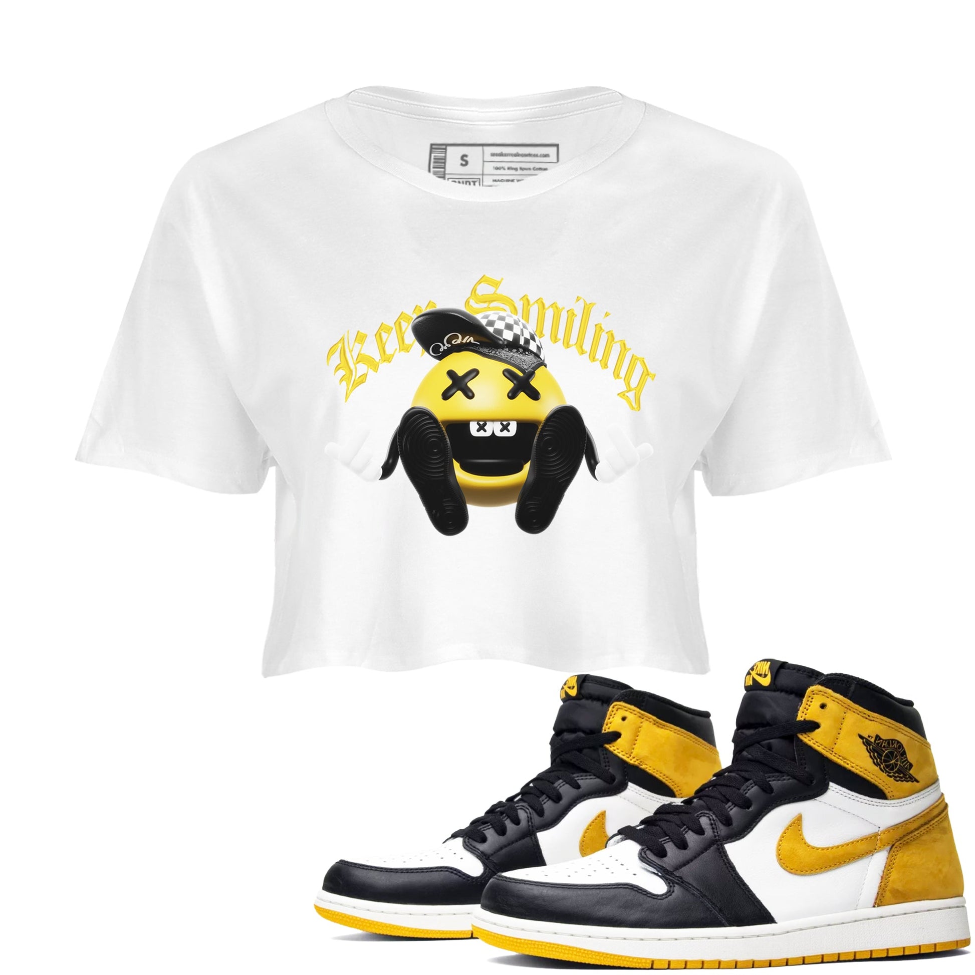 1s Yellow Ochre shirt to match jordans Keep Smiling sneaker tees Air Jordan 1 Yellow Ochre SNRT Sneaker Release Tees White 1 crop length shirt