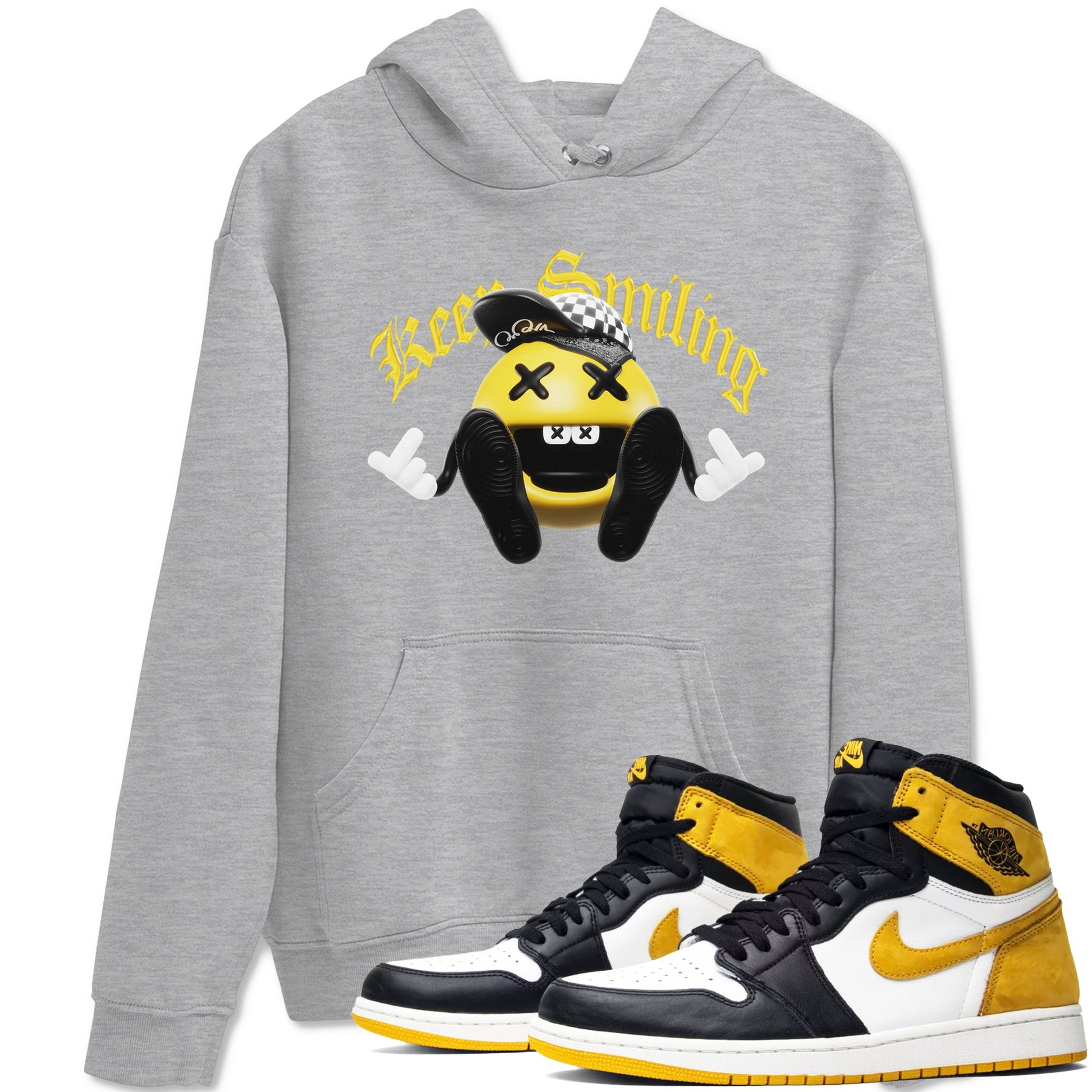1s Yellow Ochre shirt to match jordans Keep Smiling sneaker tees Air Jordan 1 Yellow Ochre SNRT Sneaker Release Tees unisex cotton Heather Grey 1 crew neck shirt