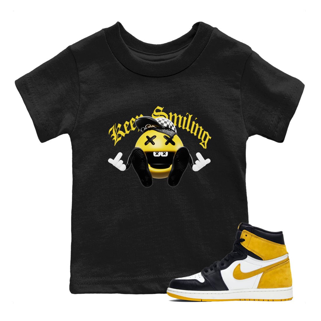 1s Yellow Ochre shirt to match jordans Keep Smiling sneaker tees Air Jordan 1 Yellow Ochre SNRT sneaker release tees baby toddler Black 1 cotton Shirt