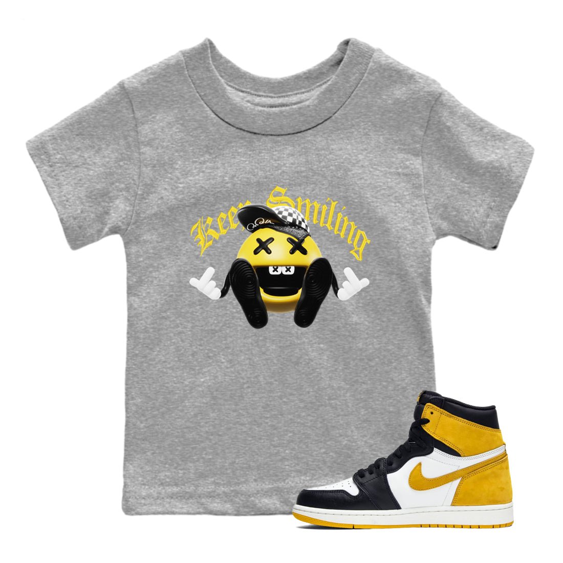 1s Yellow Ochre shirt to match jordans Keep Smiling sneaker tees Air Jordan 1 Yellow Ochre SNRT sneaker release tees baby toddler Heather Grey 1 cotton Shirt
