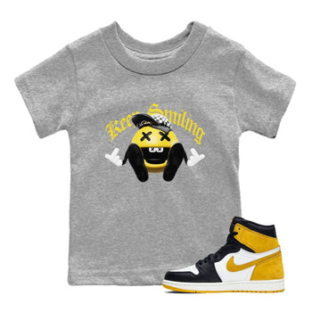1s Yellow Ochre shirt to match jordans Keep Smiling sneaker tees Air Jordan 1 Yellow Ochre SNRT sneaker release tees baby toddler Heather Grey 1 cotton Shirt