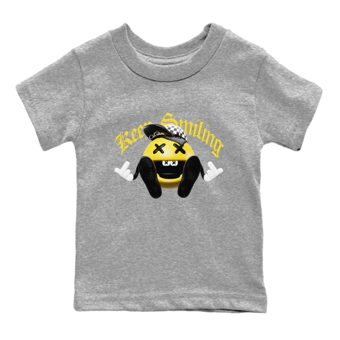 1s Yellow Ochre shirt to match jordans Keep Smiling sneaker tees Air Jordan 1 Yellow Ochre SNRT sneaker release tees baby toddler Heather Grey 2 cotton Shirt