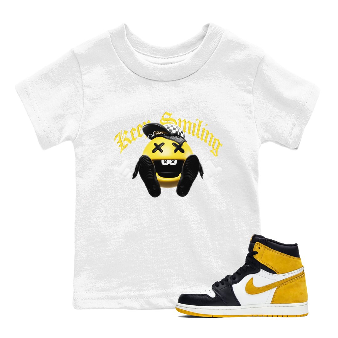 1s Yellow Ochre shirt to match jordans Keep Smiling sneaker tees Air Jordan 1 Yellow Ochre SNRT sneaker release tees baby toddler White 1 cotton Shirt