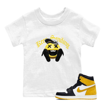 1s Yellow Ochre shirt to match jordans Keep Smiling sneaker tees Air Jordan 1 Yellow Ochre SNRT sneaker release tees baby toddler White 1 cotton Shirt