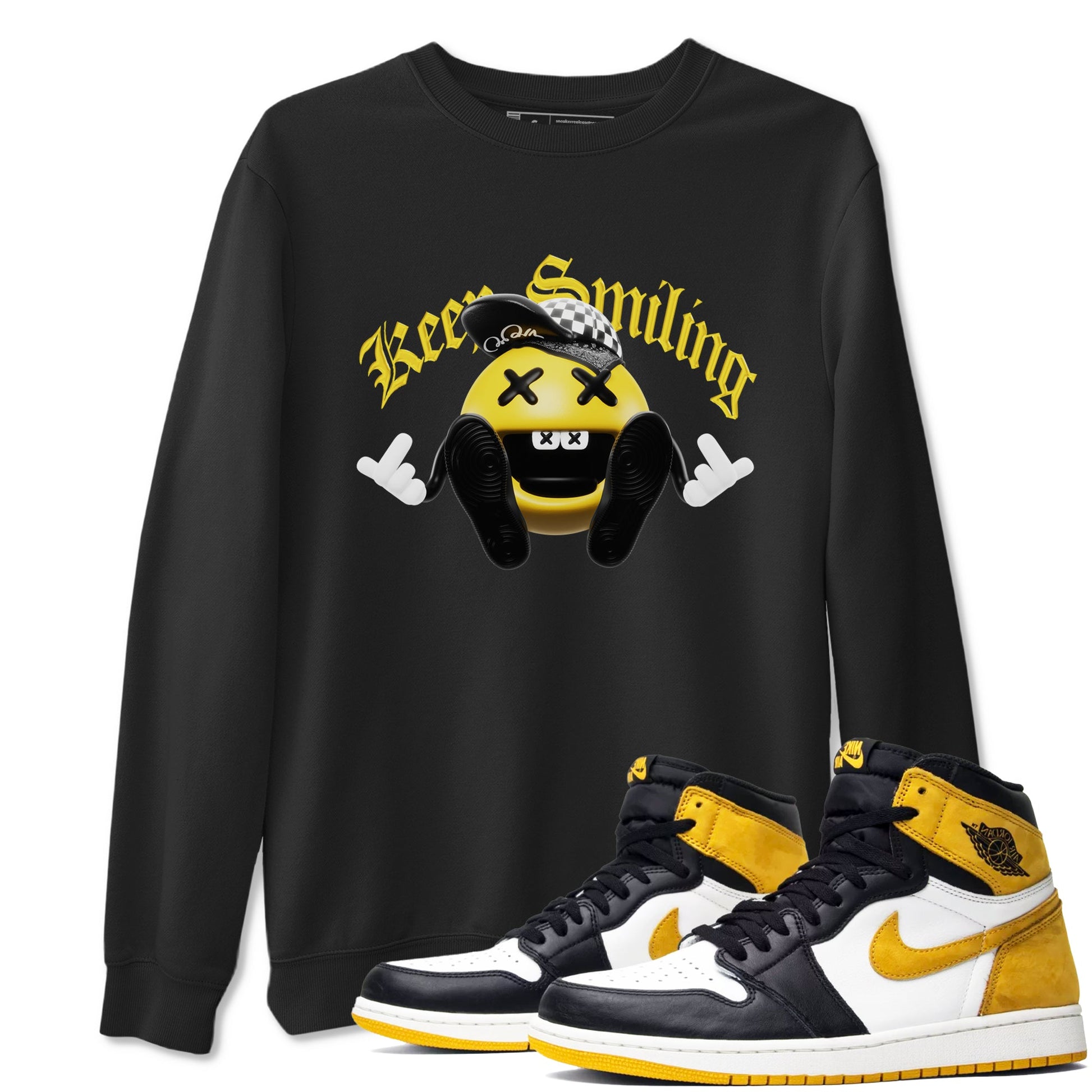 1s Yellow Ochre shirt to match jordans Keep Smiling sneaker tees Air Jordan 1 Yellow Ochre SNRT Sneaker Release Tees unisex cotton Black 1 crew neck shirt