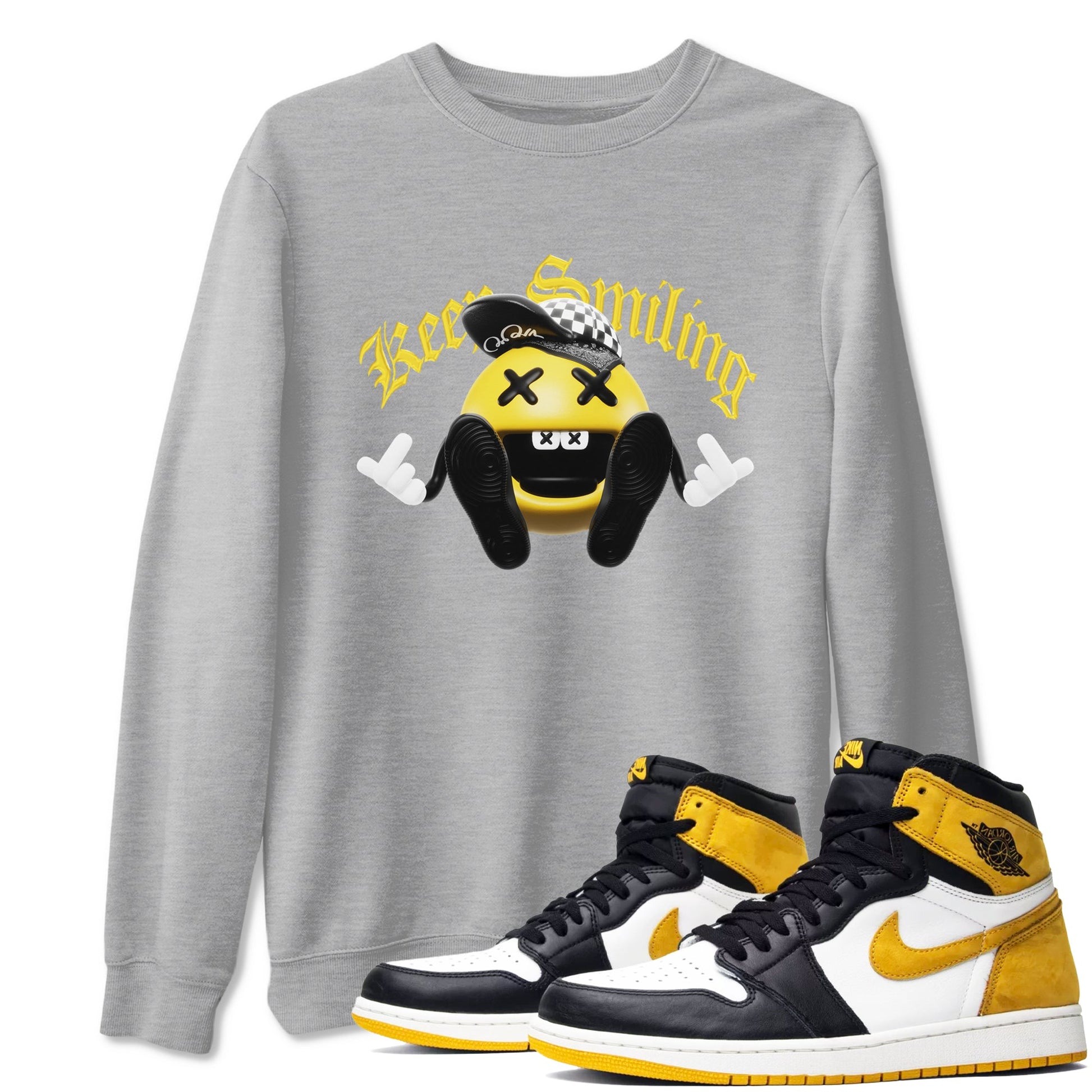 1s Yellow Ochre shirt to match jordans Keep Smiling sneaker tees Air Jordan 1 Yellow Ochre SNRT Sneaker Release Tees unisex cotton Heather Grey 1 crew neck shirt